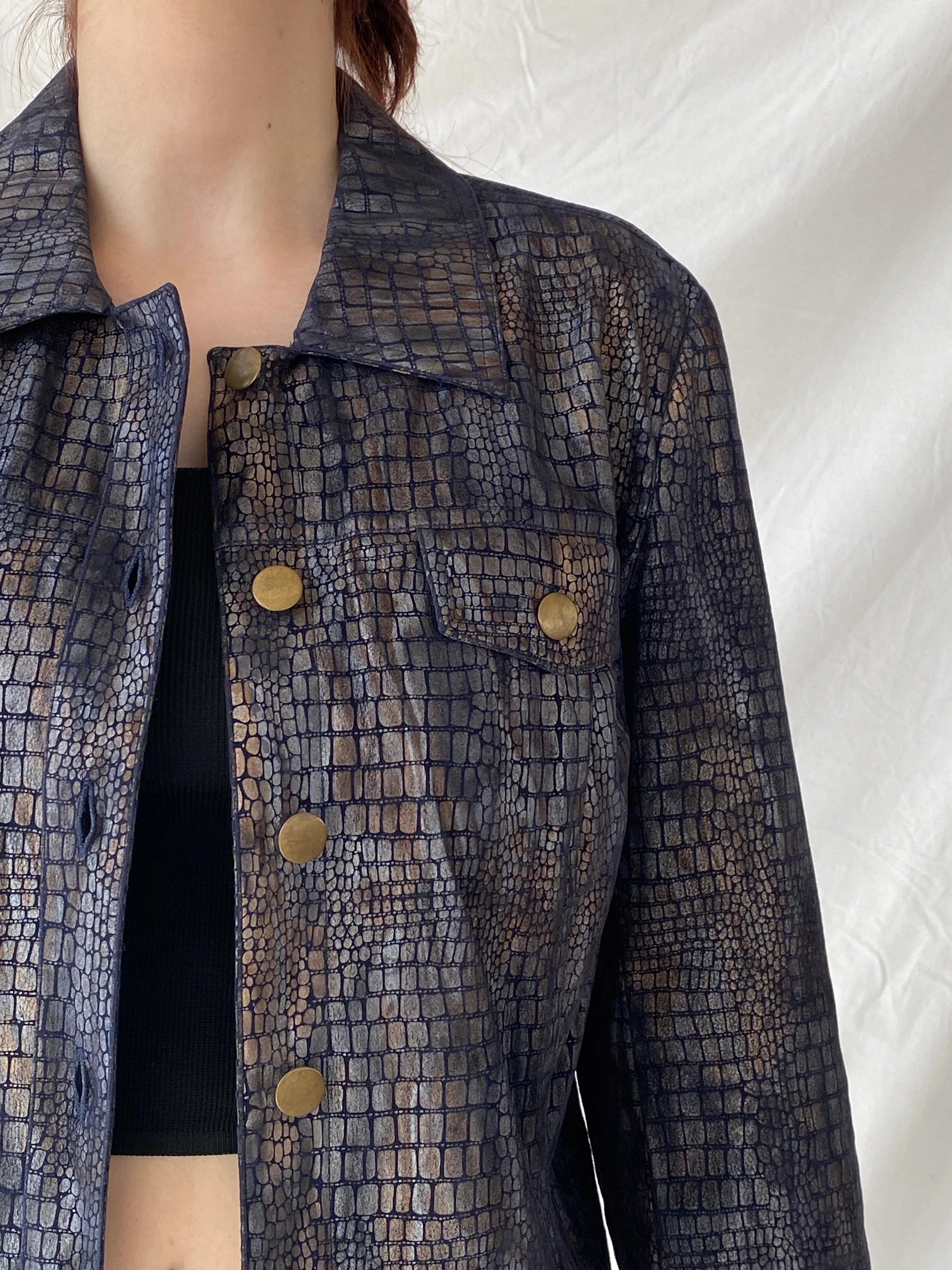 Vintage Bamboo Traders Petite Metallic Denim Snake Print Women’s Buttoned Blazer Jacket - L - Balagan Vintage Denim Jacket 00s, Ayah, Coats&Jackets, denim, denim jacket, winter, Women's Denim Jackets