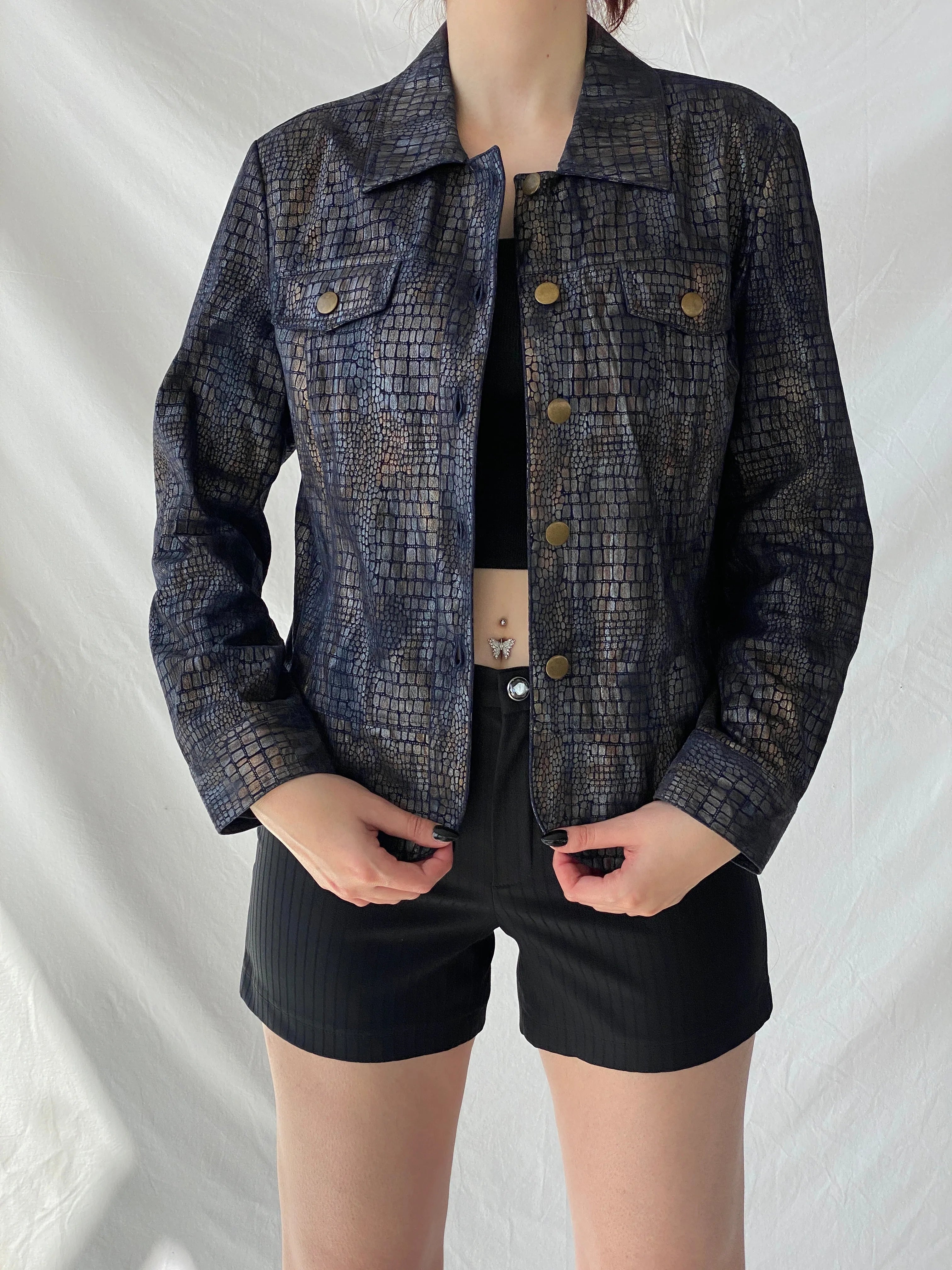Vintage Bamboo Traders Petite Metallic Denim Snake Print Women’s Buttoned Blazer Jacket - L - Balagan Vintage Denim Jacket 00s, Ayah, Coats&Jackets, denim, denim jacket, winter, Women's Denim Jackets