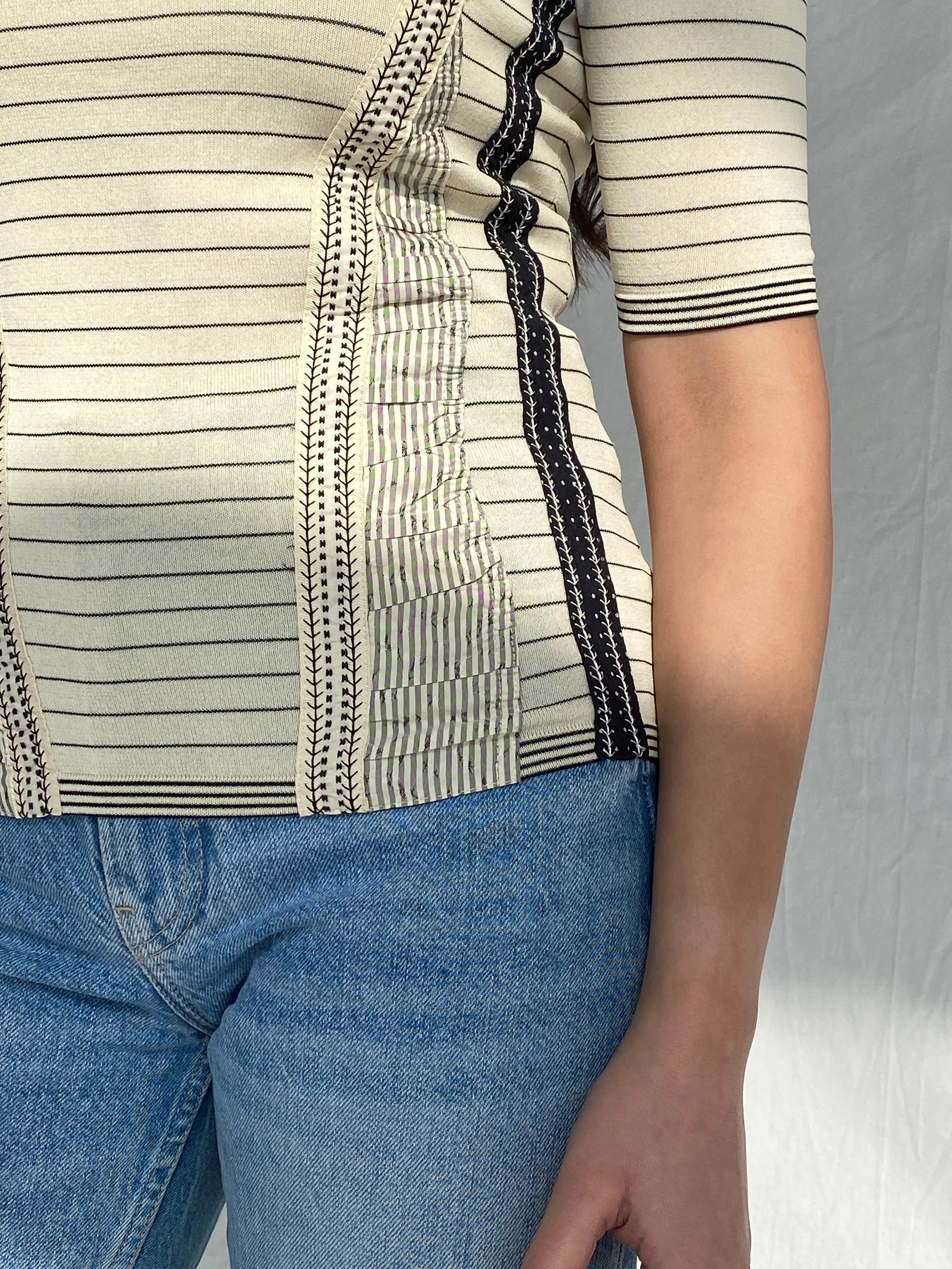 Vintage Beige Striped Women’s Top with Ruched Panels & Contrast Stitching - S - Balagan Vintage Full Sleeve Top 00s, Fatima, striped, striped shirt, women top
