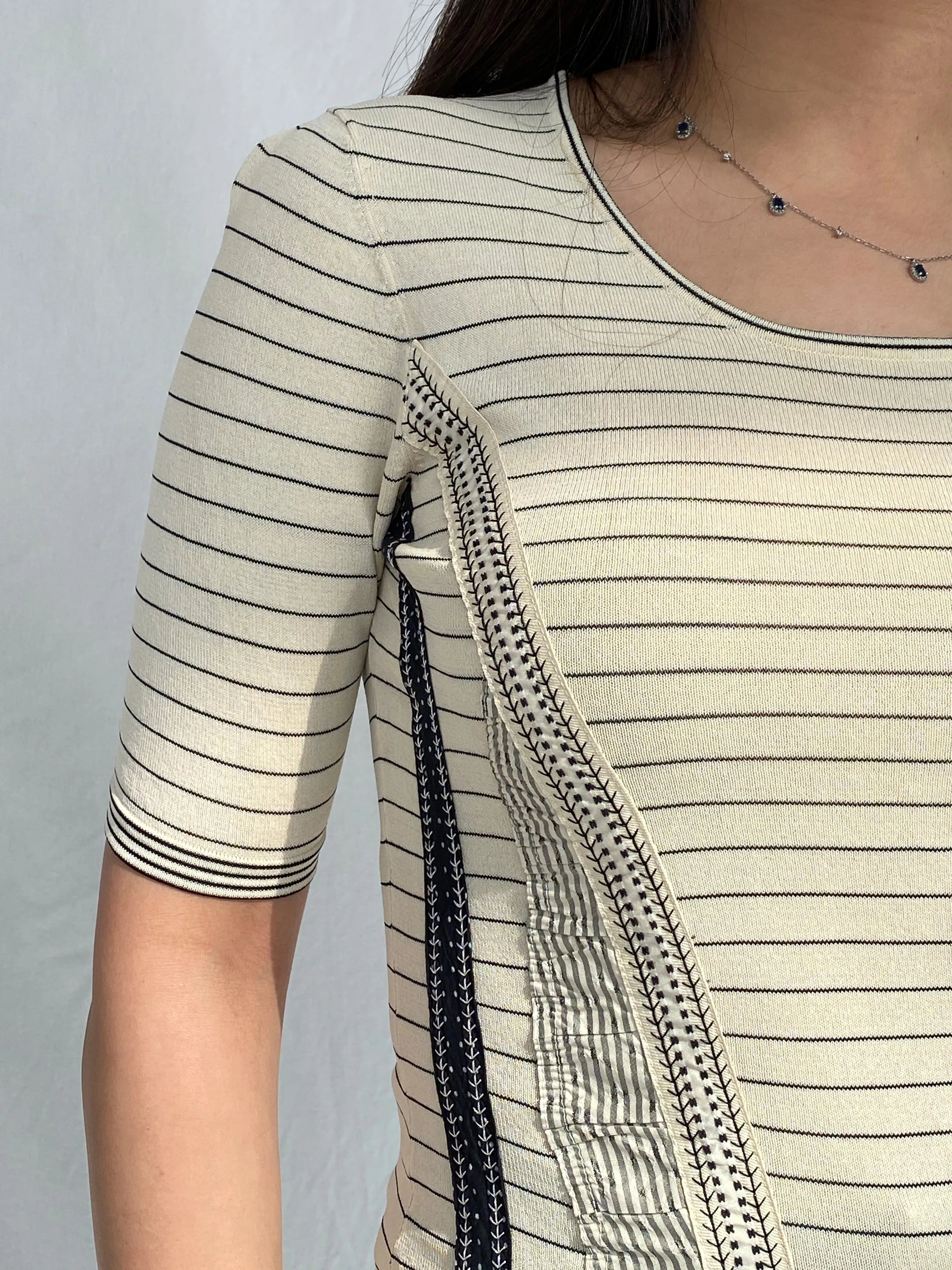 Vintage Beige Striped Women’s Top with Ruched Panels & Contrast Stitching - S - Balagan Vintage Full Sleeve Top 00s, Fatima, striped, striped shirt, women top