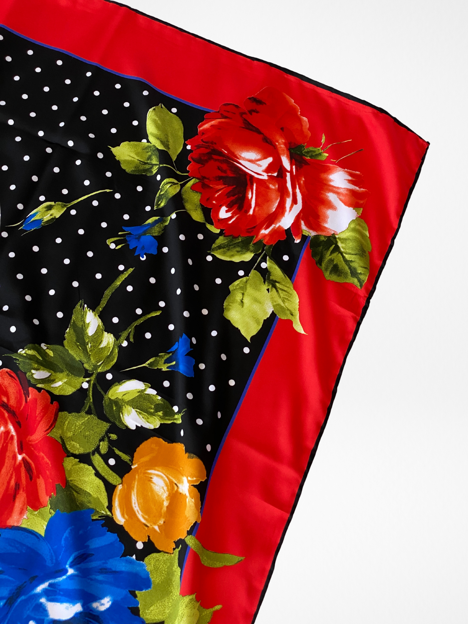 Vintage Berussa Red Polka Dot Black White Floral Satin Scarf - Balagan Vintage Scarf 00s, multicolored, NEW IN, scarf, summer