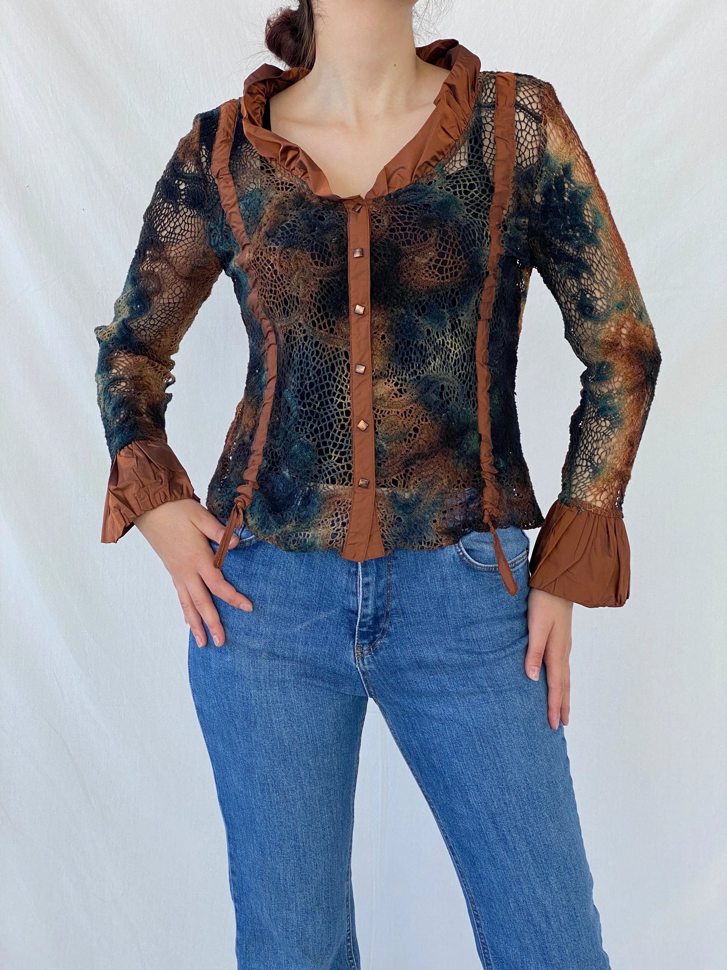 Vintage BIBA Brown Camo Mesh Women’s Shirt - L - Balagan Vintage Full Sleeve Shirt Ayah, full sleeve shirt, mesh, mesh top