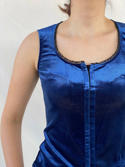 Vintage Bisou-Bisou by Michelle Bohbot Velvet Blue Corset Top - M - Balagan Vintage Sleeveless Top 00s, 90s, Ayah, consignment, corset, Melika, sleeveless top, velvet, velvet top