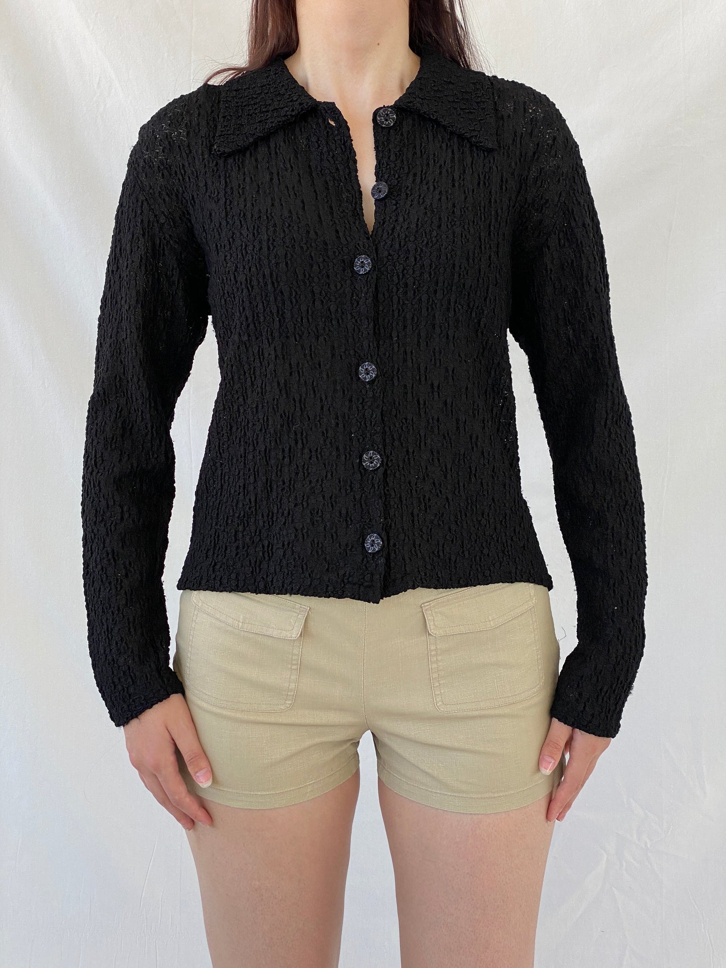 Vintage Black Crinkle Knit Cardigan Textured Long Sleeve Shirt - M - Balagan Vintage Full Sleeve Shirt 00s, Ayah, full sleeve shirt, NEW IN, Office core, summer