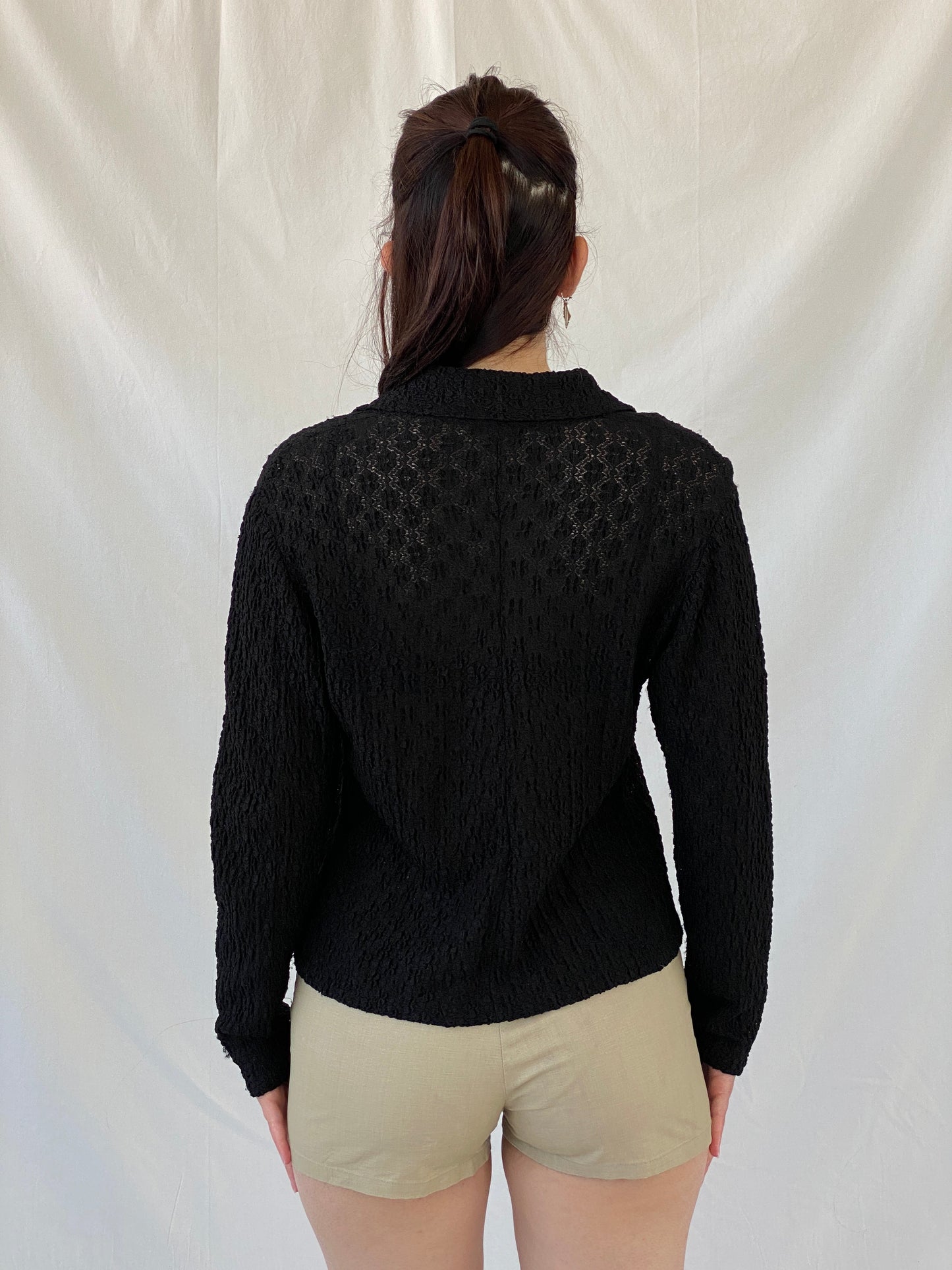 Vintage Black Crinkle Knit Cardigan Textured Long Sleeve Shirt - M - Balagan Vintage Full Sleeve Shirt 00s, Ayah, full sleeve shirt, NEW IN, Office core, summer