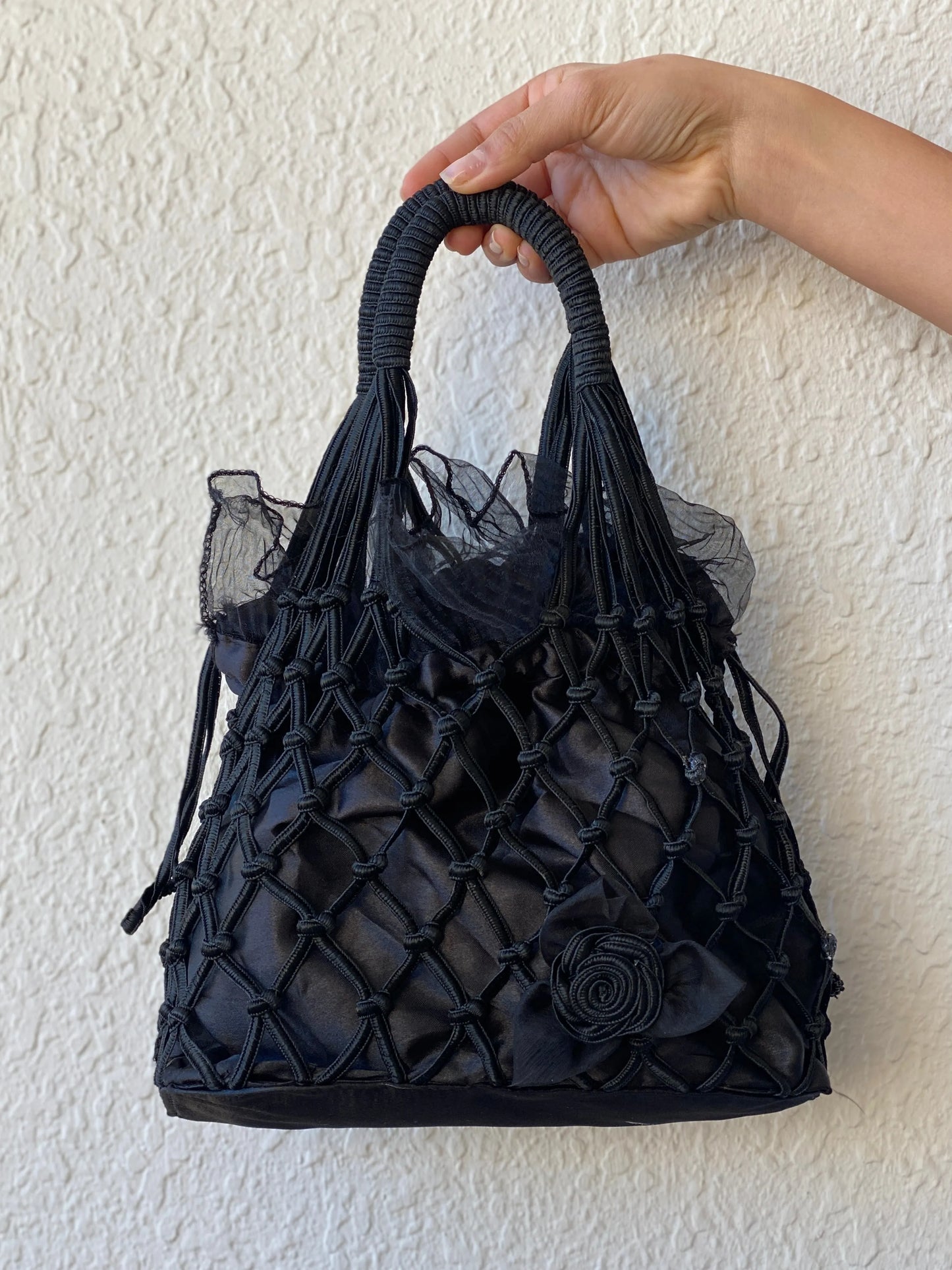 Vintage Black Macrame Woven Bridesmaid Tulle Lined Bag - Balagan Vintage Handbags 00s, bag, crochet, handbag