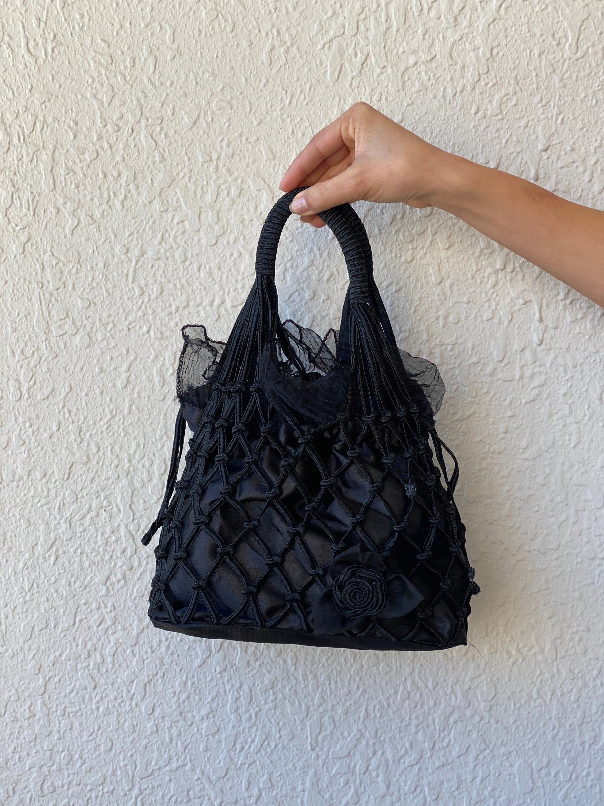 Vintage Black Macrame Woven Bridesmaid Tulle Lined Bag - Balagan Vintage Handbags 00s, bag, crochet, handbag