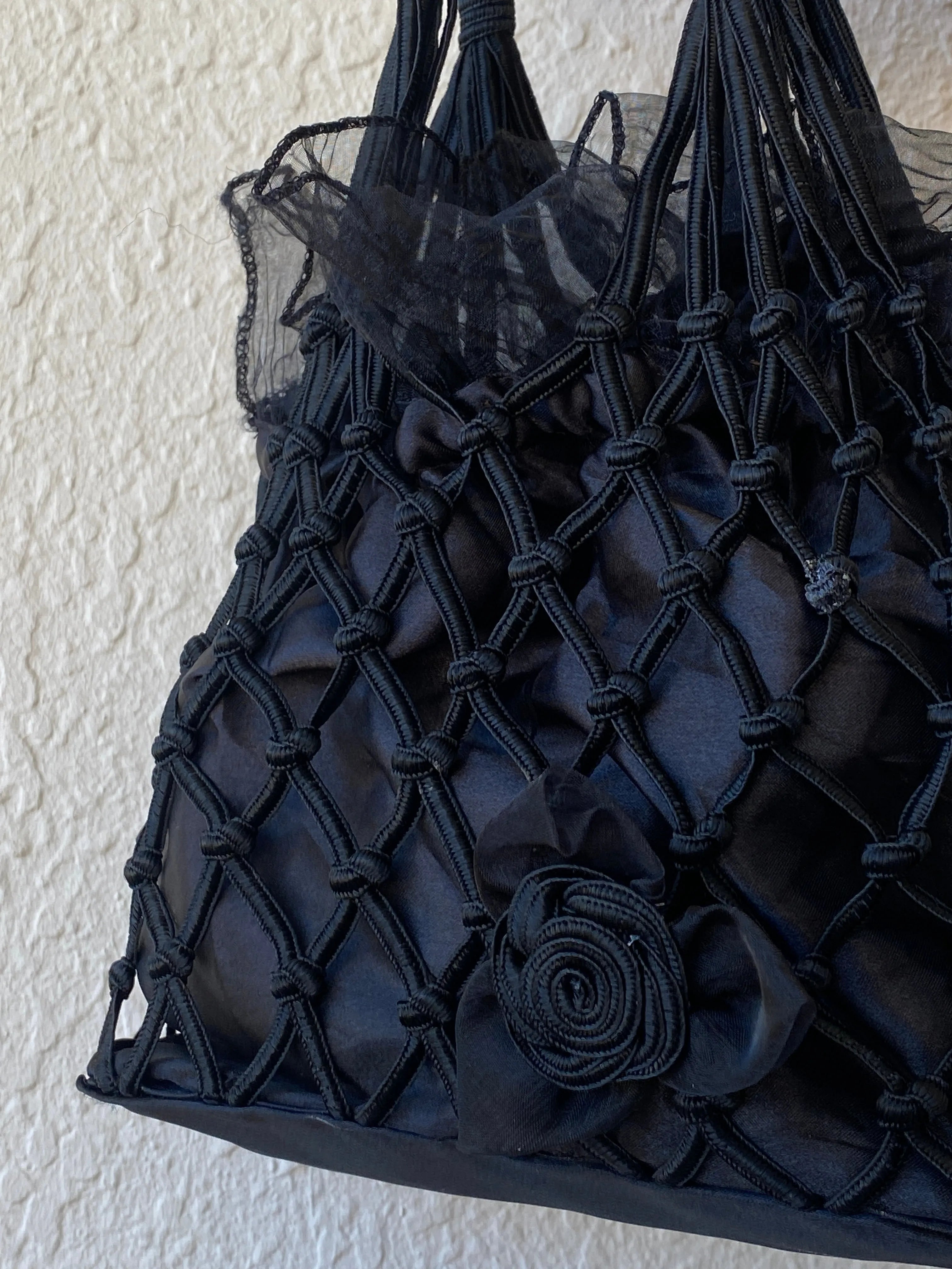 Vintage Black Macrame Woven Bridesmaid Tulle Lined Bag - Balagan Vintage Handbags 00s, bag, crochet, handbag