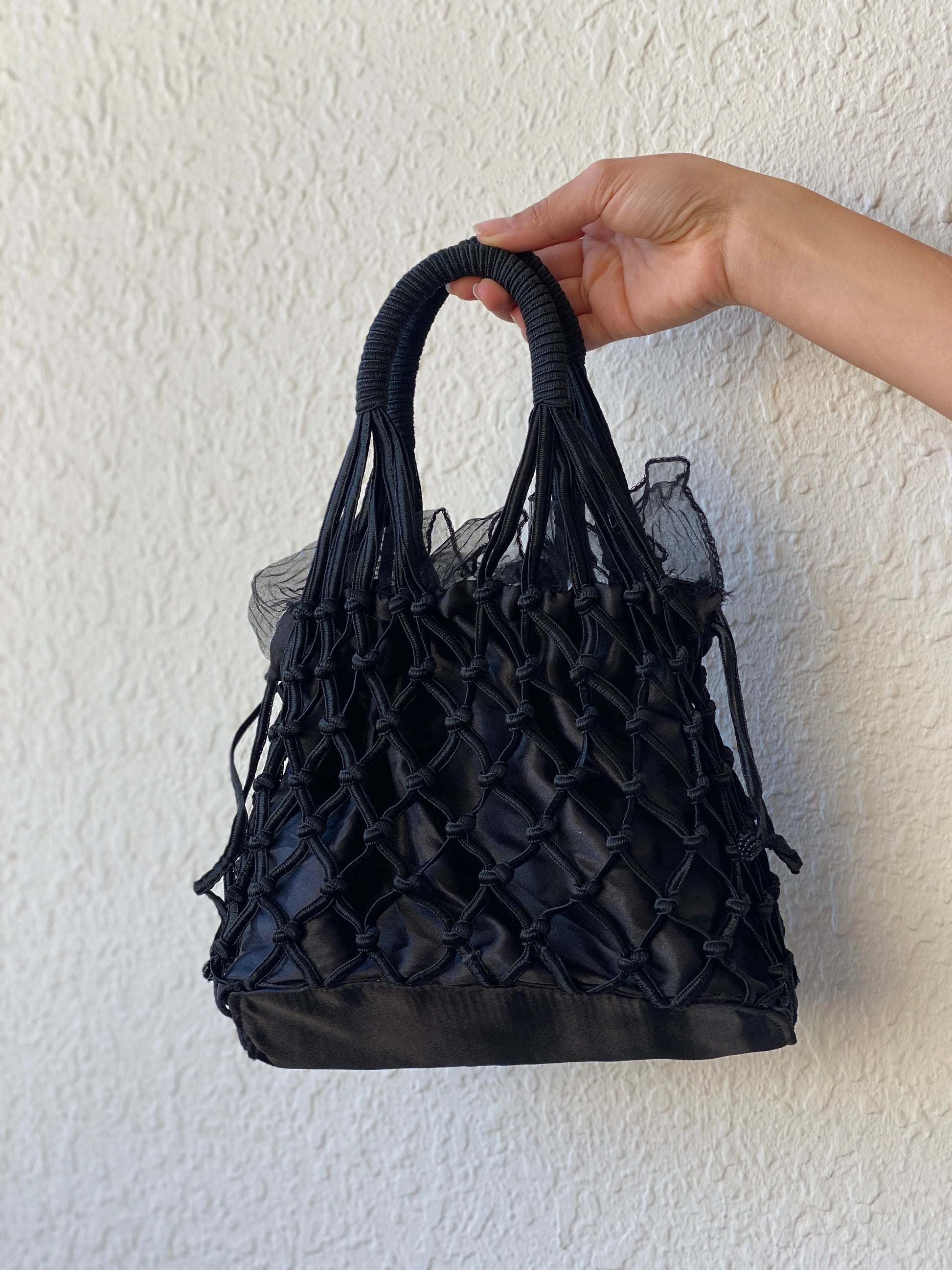 Vintage Black Macrame Woven Bridesmaid Tulle Lined Bag - Balagan Vintage Handbags 00s, bag, crochet, handbag
