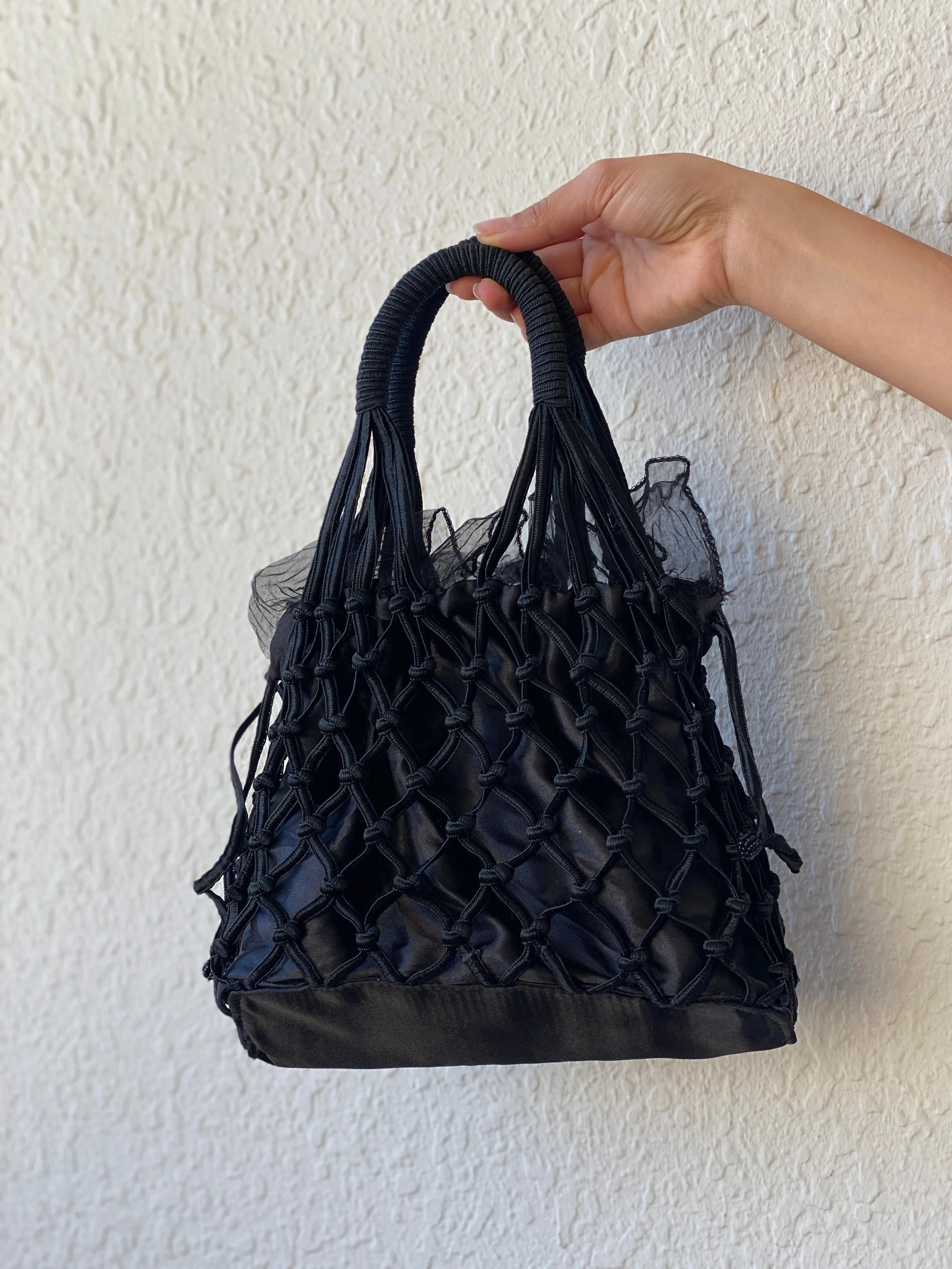 Vintage Black Macrame Woven Bridesmaid Tulle Lined Bag - Balagan Vintage Handbags 00s, bag, crochet, handbag