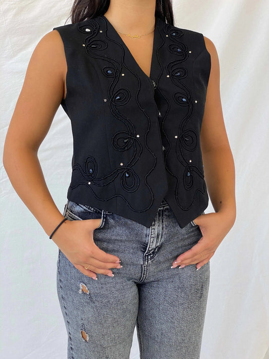 Vintage Black Vest With Intricate Beading - M - Balagan Vintage Sleeveless Top 00s, Lana, summer, vest