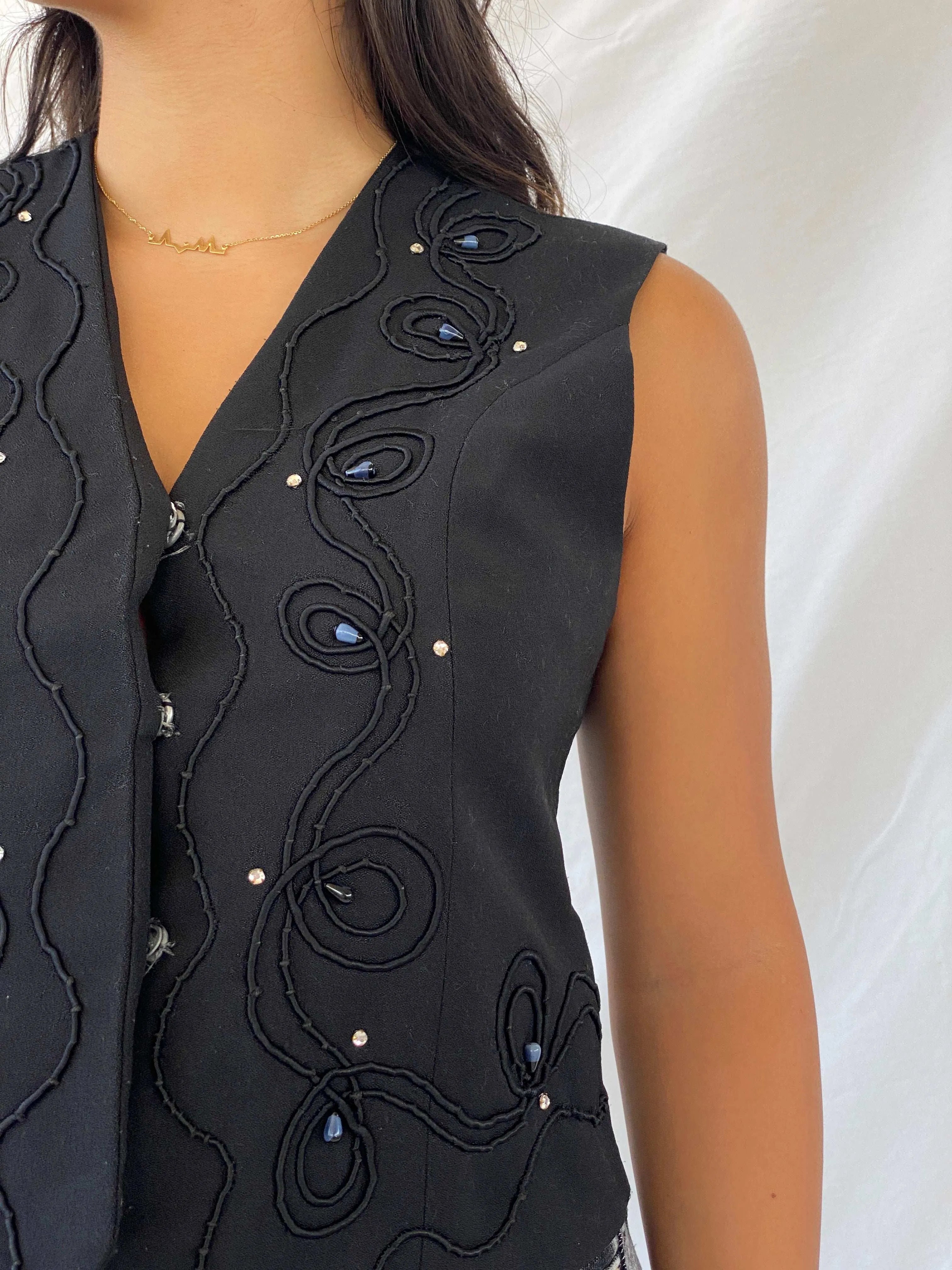 Vintage Black Vest With Intricate Beading - M - Balagan Vintage Sleeveless Top 00s, Lana, summer, vest