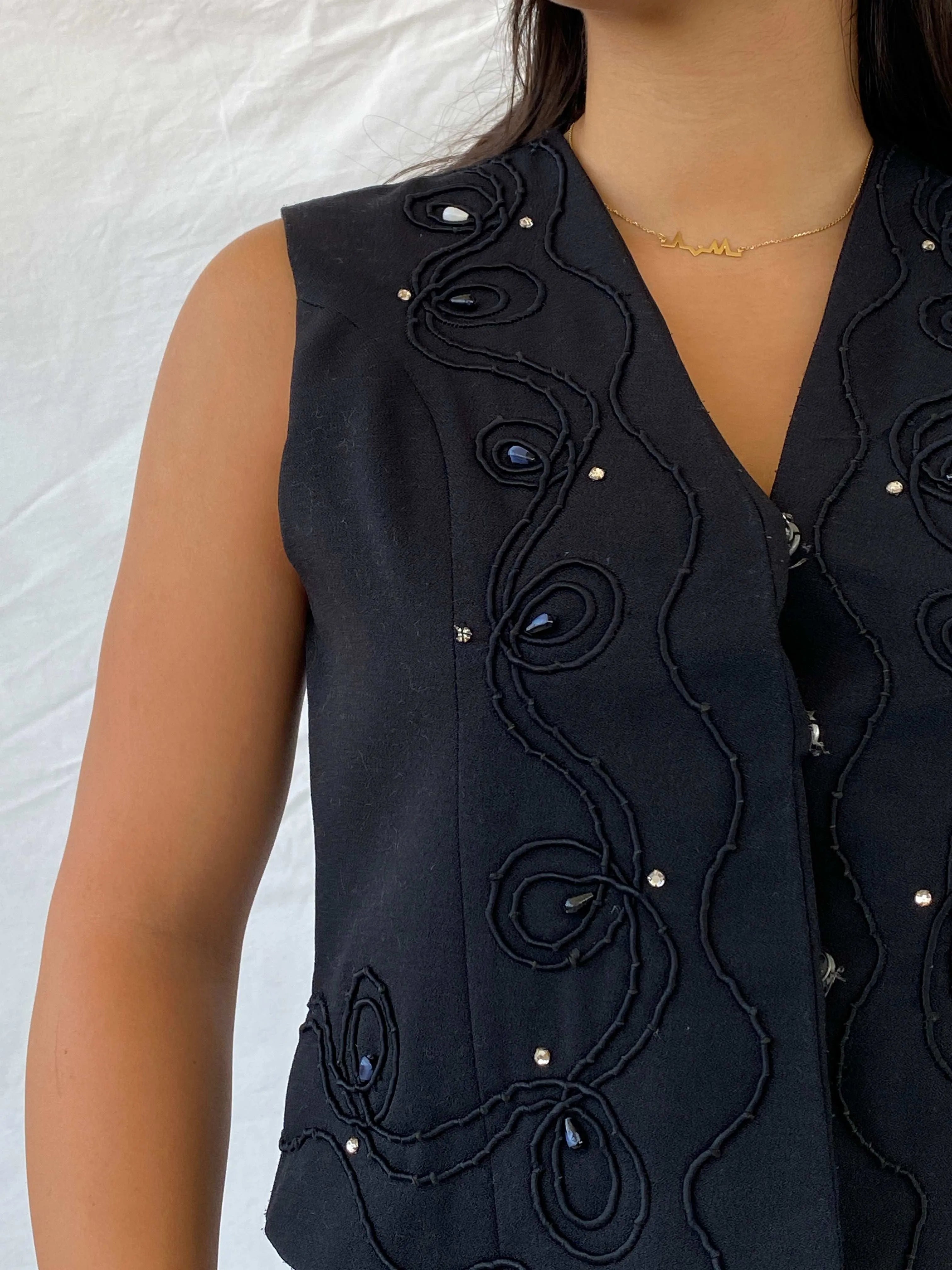 Vintage Black Vest With Intricate Beading - M - Balagan Vintage Sleeveless Top 00s, Lana, summer, vest