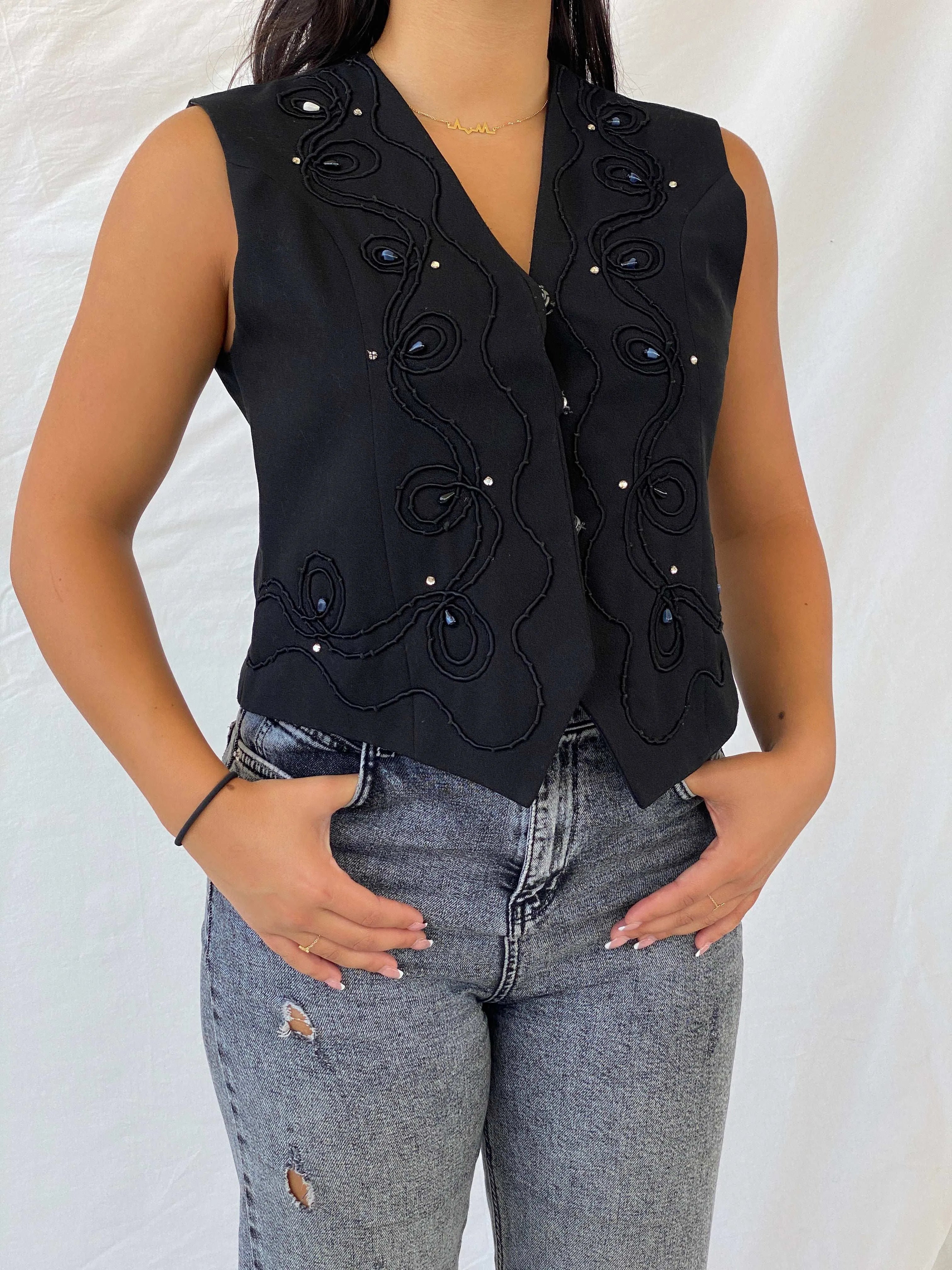Vintage Black Vest With Intricate Beading - M - Balagan Vintage Sleeveless Top 00s, Lana, summer, vest