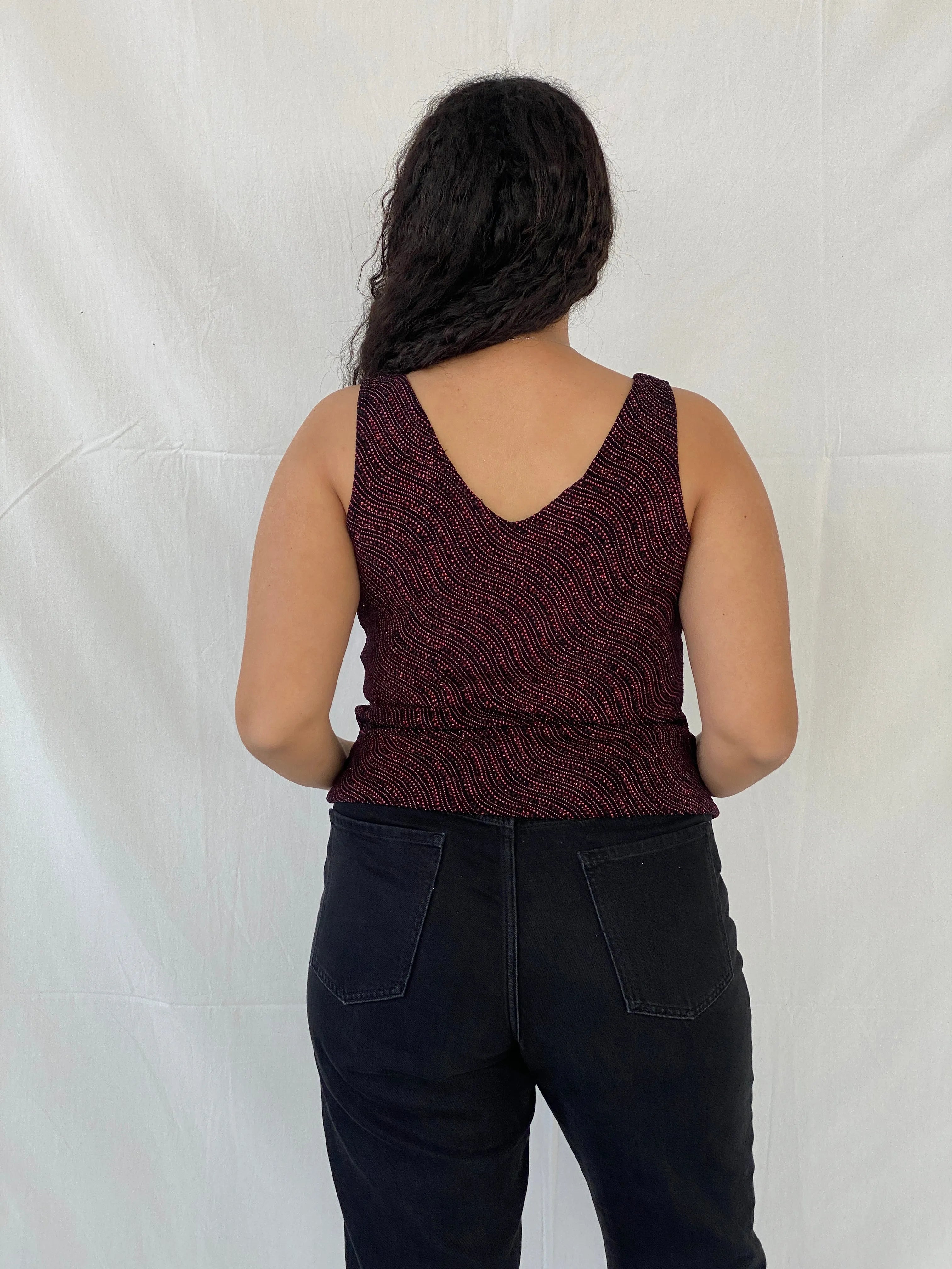 Vintage Blu Sage Shimmery Red Sleeveless Party Groovy Top - XL - Balagan Vintage Sleeveless Top Dina, groovy, shimmer, sleeveless top