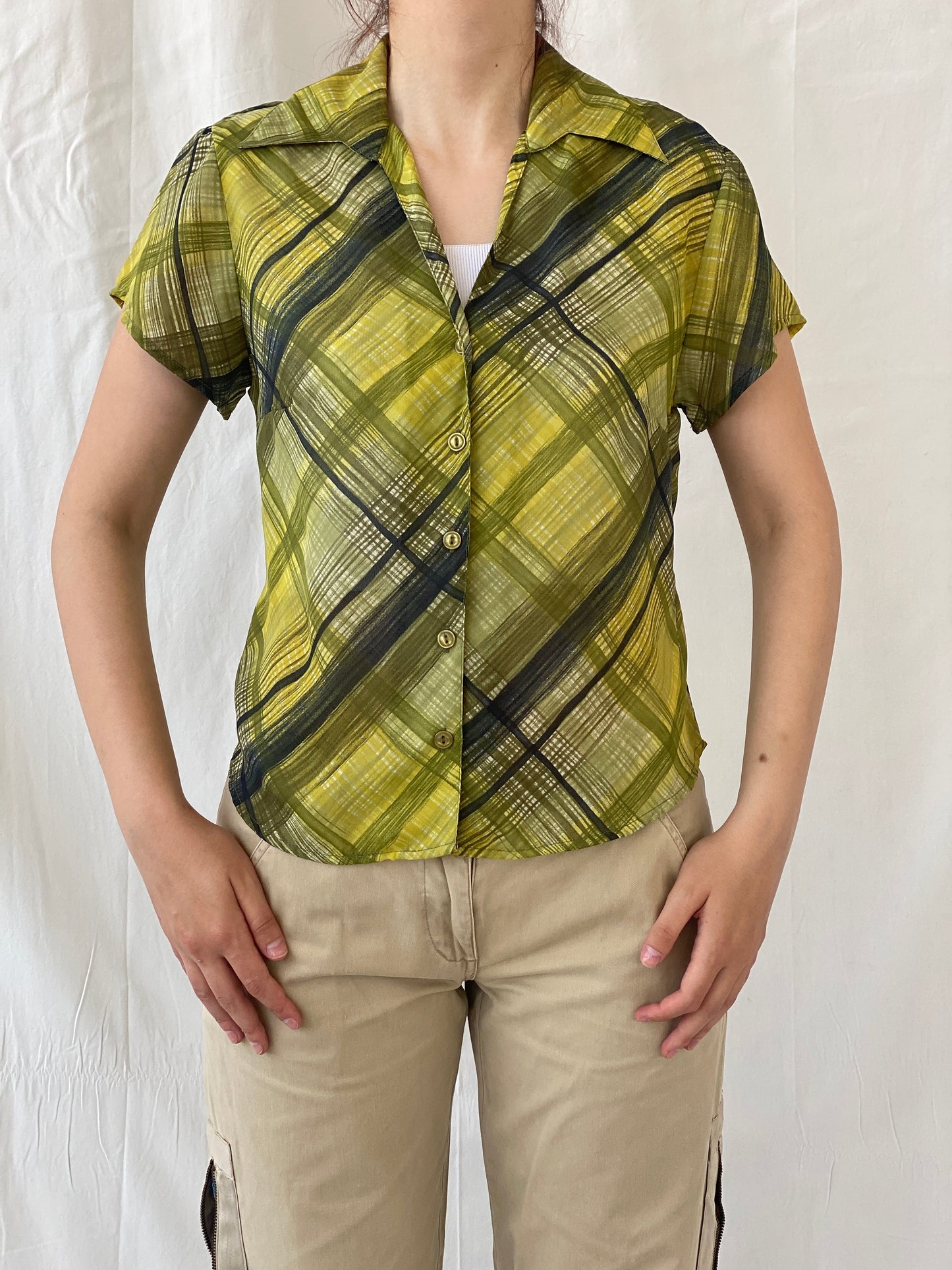 Vintage Blue Diamond Green Check Plaid Women’s Half Sleeve Shirt - M - Balagan Vintage Half Sleeve Shirt 00s, Ayah, half sleeve shirt, striped shirt, summer