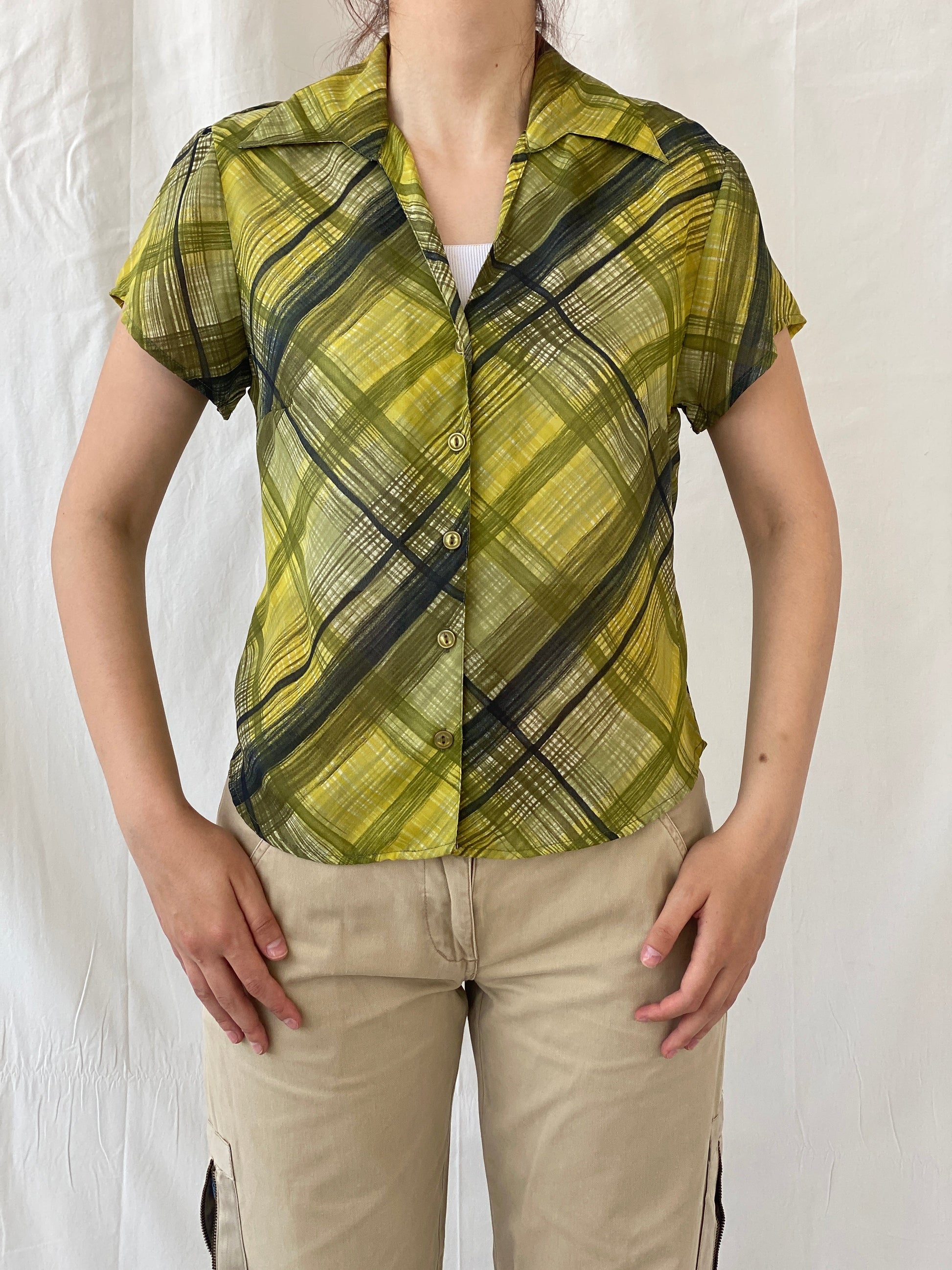Vintage Blue Diamond Green Check Plaid Women’s Half Sleeve Shirt - M - Balagan Vintage Half Sleeve Shirt 00s, Ayah, half sleeve shirt, striped shirt, summer