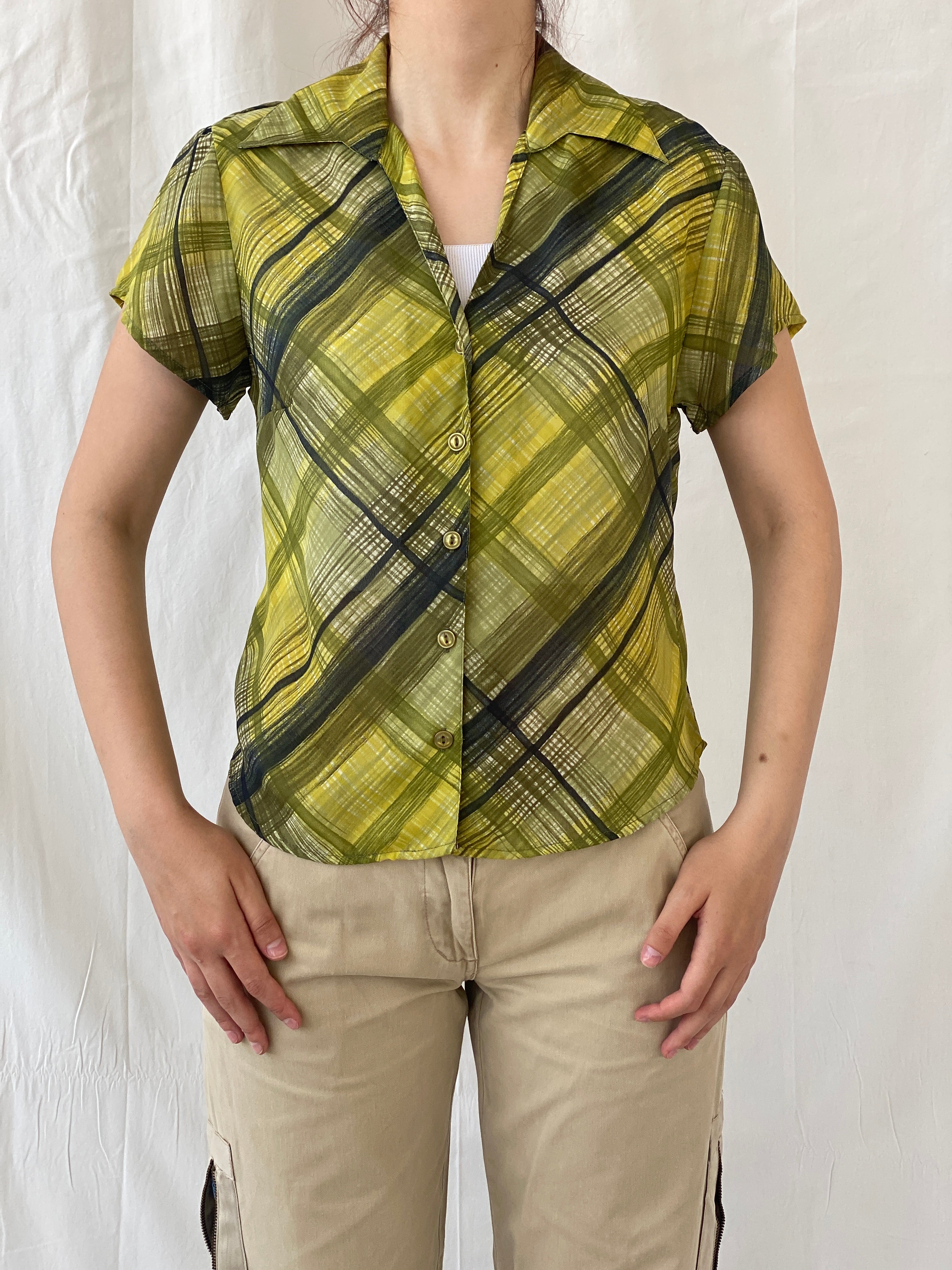Vintage Blue Diamond Green Check Plaid Women’s Half Sleeve Shirt - M - Balagan Vintage Half Sleeve Shirt 00s, Ayah, half sleeve shirt, striped shirt, summer