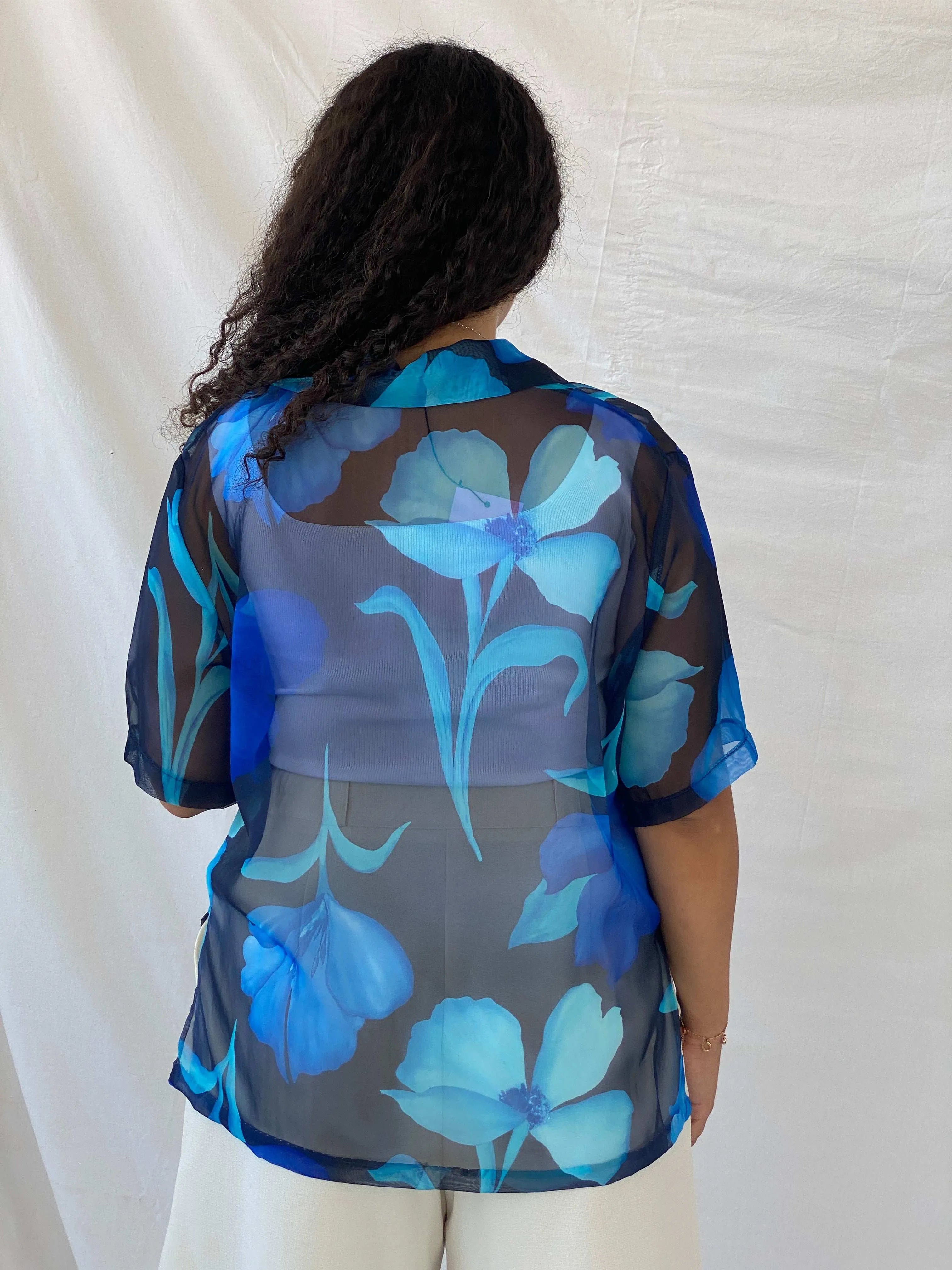 Vintage Blue Floral Sheer Chiffon Half-Sleeve Shirt - XL - Balagan Vintage Half Sleeve Shirt 00s, 90s, Dina, half sleeve shirt, sheer, sheer shirt