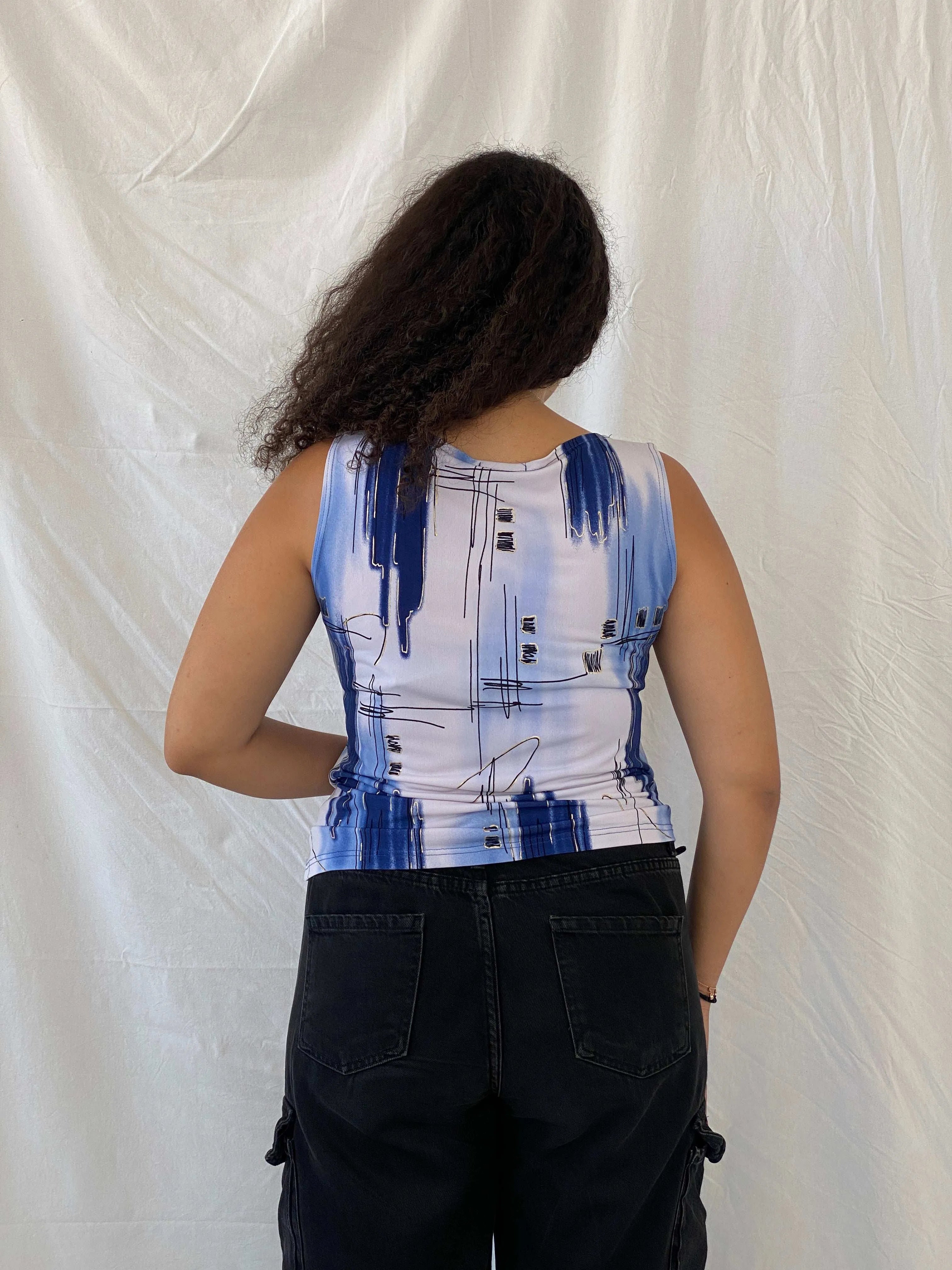 Vintage Boguar Abstract Top with Blue and Gold Accents Size M - Balagan Vintage Sleeveless Top 00s, 90s, Dina, sleeveless top