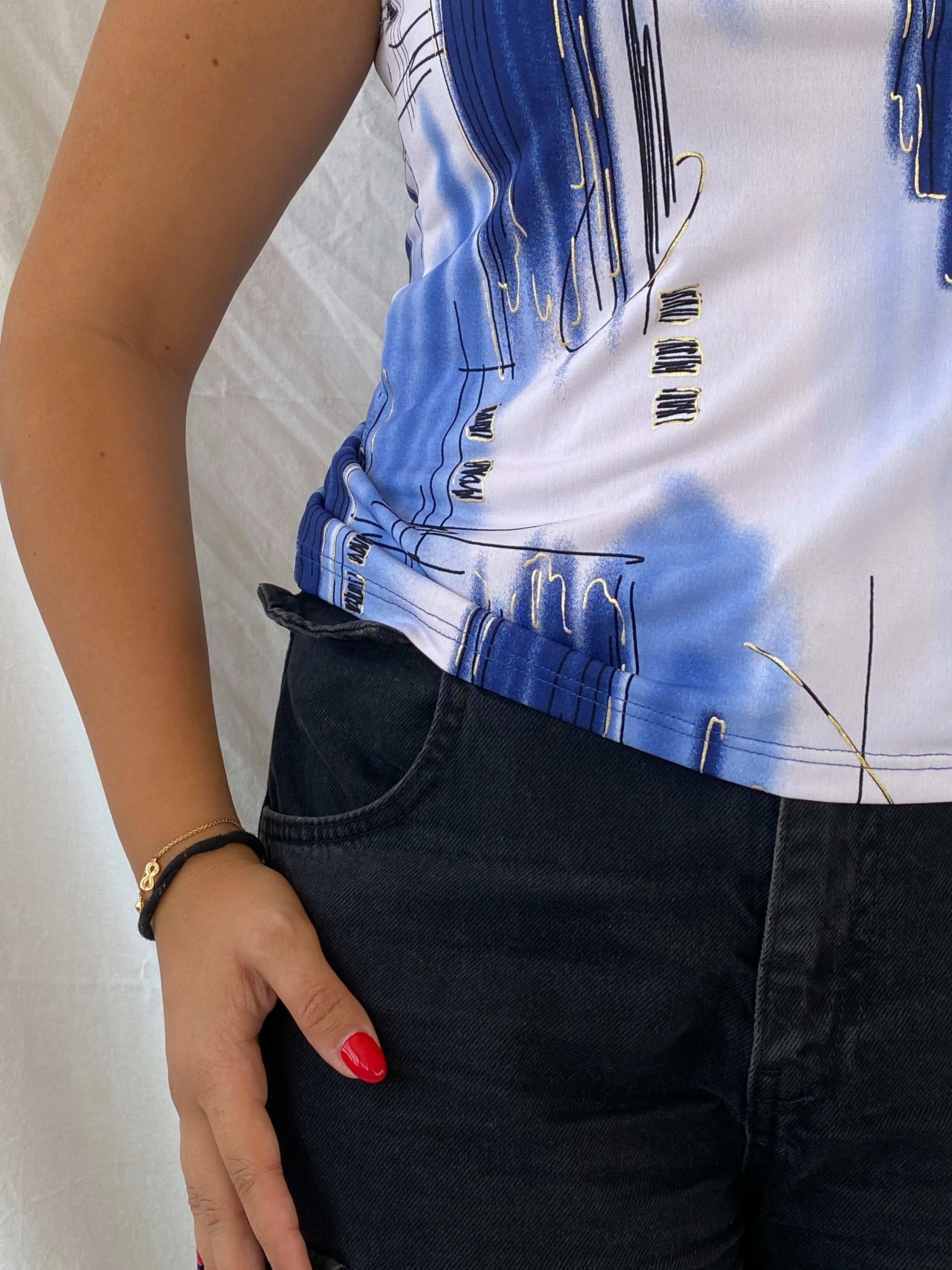 Vintage Boguar Abstract Top with Blue and Gold Accents Size M - Balagan Vintage Sleeveless Top 00s, 90s, Dina, sleeveless top