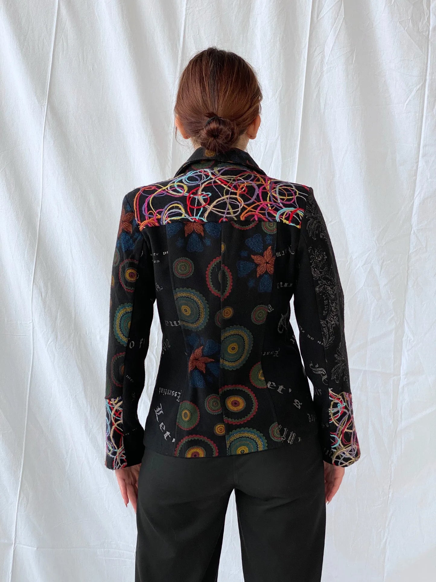 Vintage Boho Embroidered Wool Blend Black Women’s Jacket - M - Balagan Vintage Jacket 00s, 90s, Ayah, Coats&Jackets, floral embroidery, full sleeve blazer, jacket, Women's Blazers