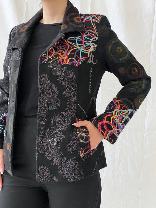 Vintage Boho Embroidered Wool Blend Black Women’s Jacket - M - Balagan Vintage Jacket 00s, 90s, Ayah, Coats&Jackets, floral embroidery, full sleeve blazer, jacket, Women's Blazers