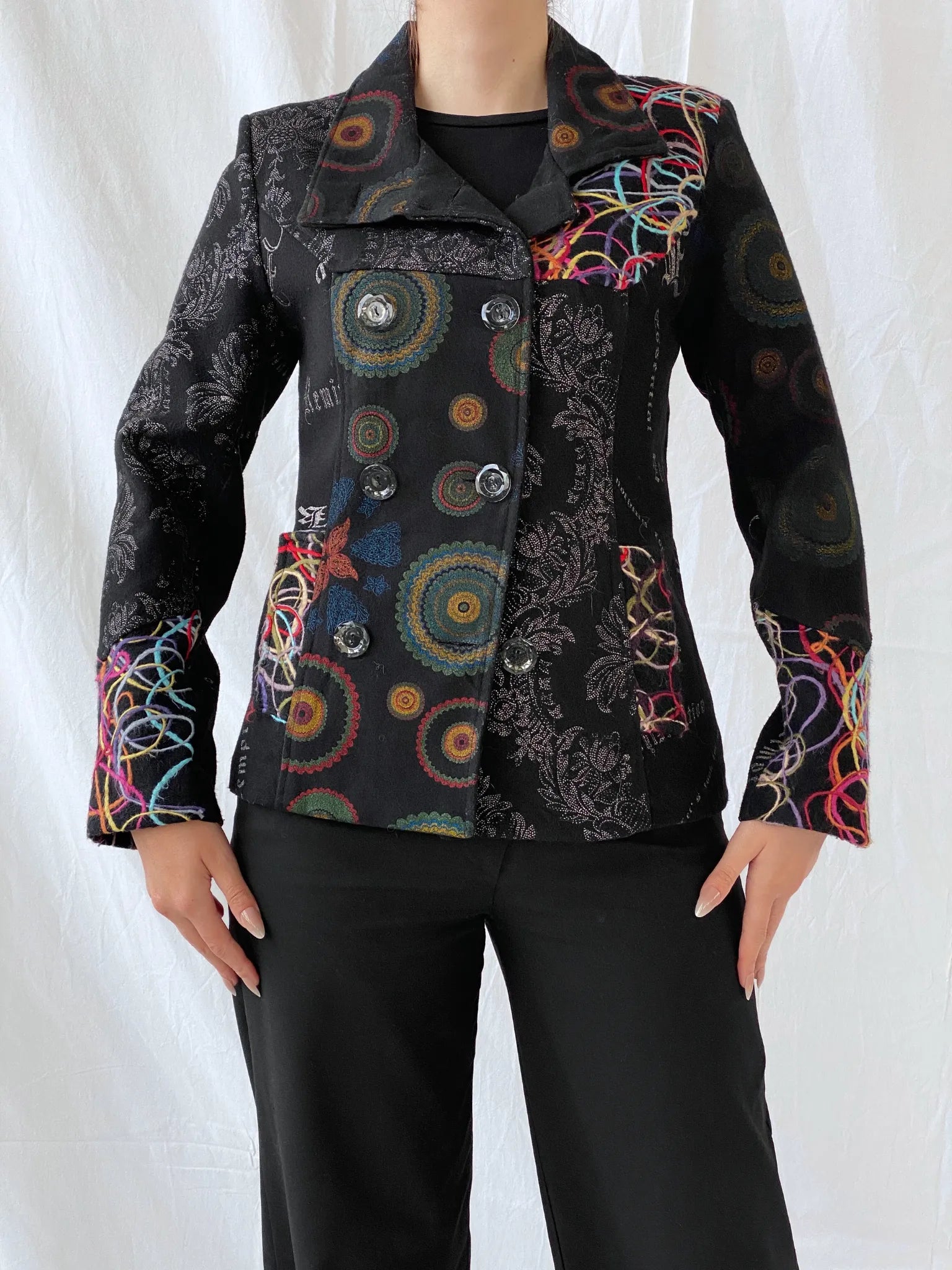 Vintage Boho Embroidered Wool Blend Black Women’s Jacket - M - Balagan Vintage Jacket 00s, 90s, Ayah, Coats&Jackets, floral embroidery, full sleeve blazer, jacket, Women's Blazers