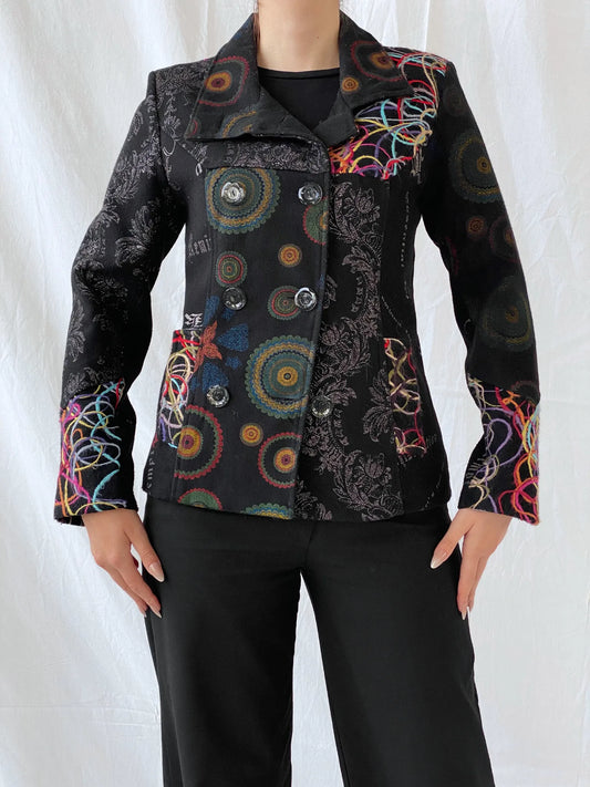Vintage Boho Embroidered Wool Blend Black Women’s Jacket - M - Balagan Vintage Jacket 00s, 90s, Ayah, Coats&Jackets, floral embroidery, full sleeve blazer, jacket, Women's Blazers