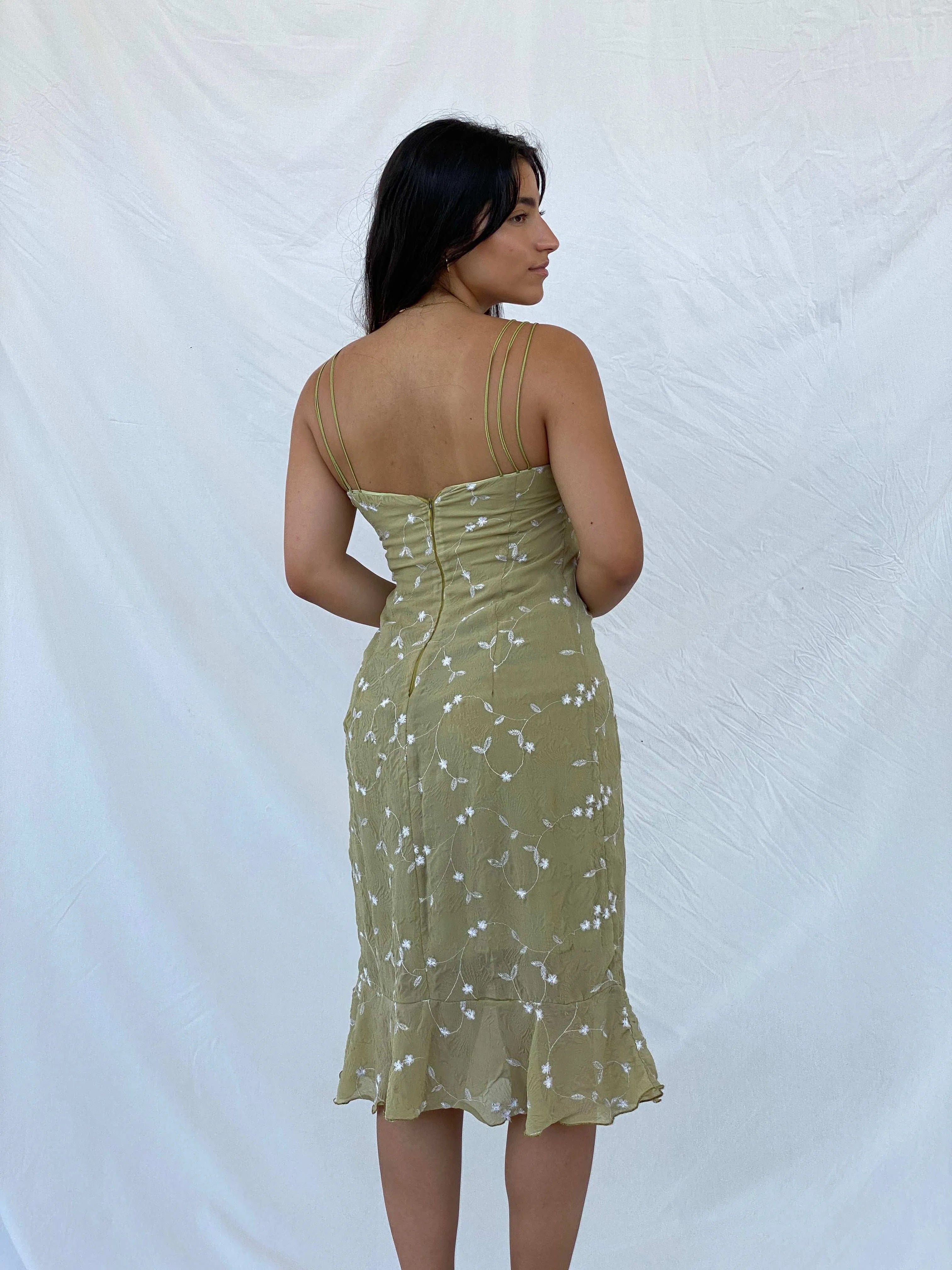 Vintage Bolero Floral Embroidered Green Chiffon Side Ruched Dress - M - Balagan Vintage Midi Dress 00s, 90s dress, Lana, midi dress, summer, Wedding Guest