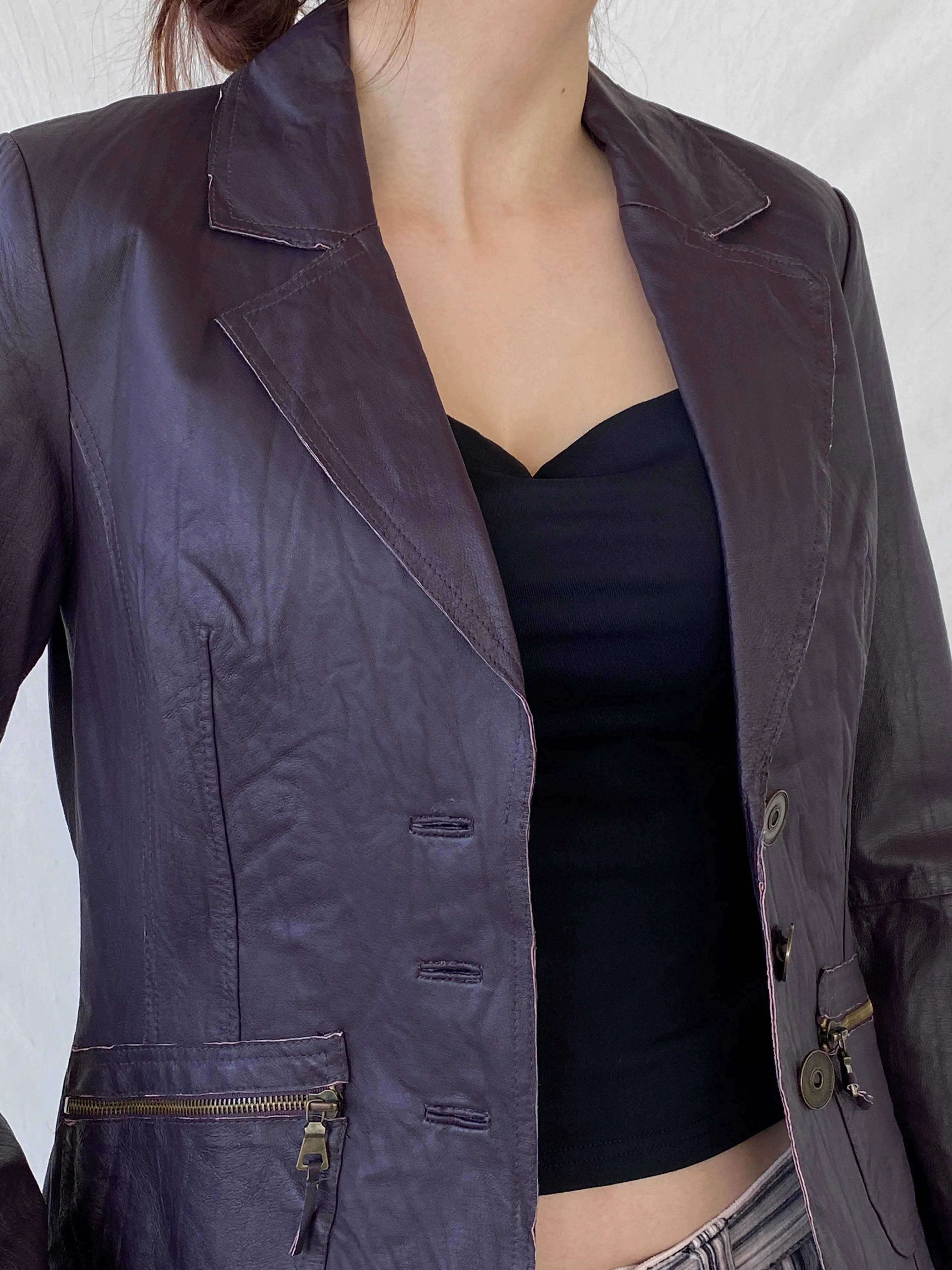 Vintage Bonita Purple Genuine Leather Women’s Blazer Jacket - S - Balagan Vintage Leather Jacket Ayah, genuine leather, genuine leather jacket, leather jacket, red leather