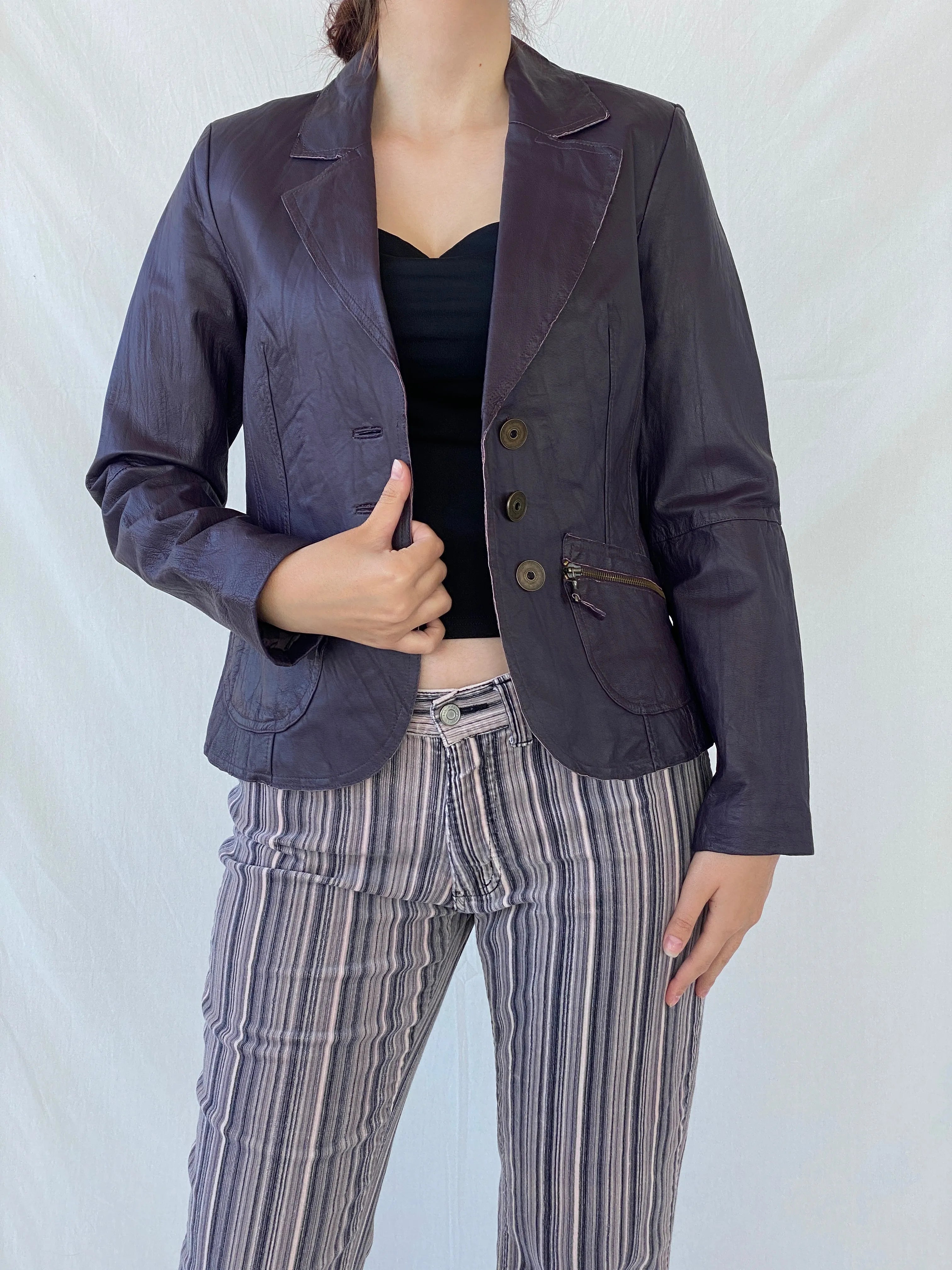 Vintage Bonita Purple Genuine Leather Women’s Blazer Jacket - S - Balagan Vintage Leather Jacket Ayah, genuine leather, genuine leather jacket, leather jacket, red leather