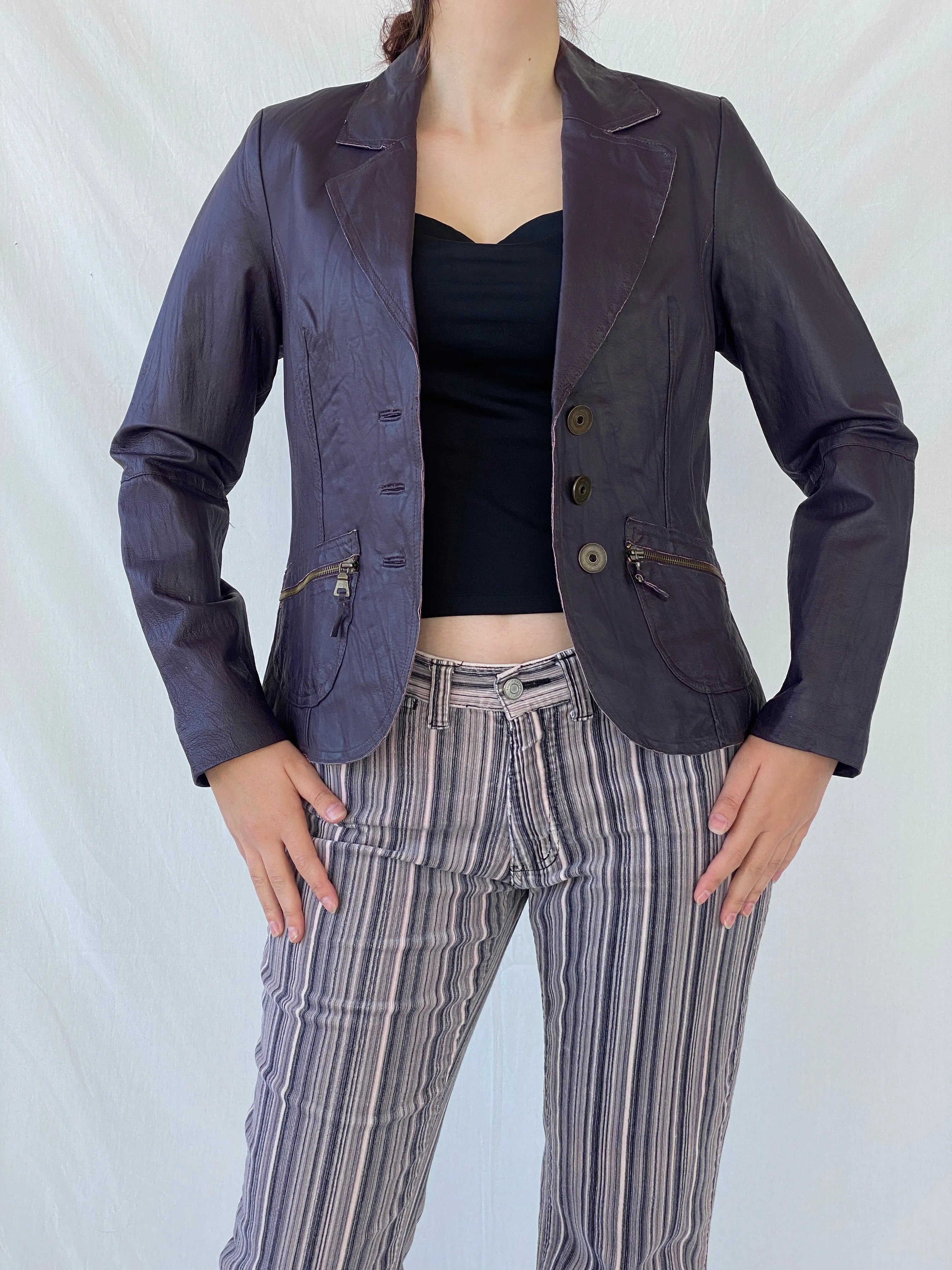 Vintage Bonita Purple Genuine Leather Women’s Blazer Jacket - S - Balagan Vintage Leather Jacket Ayah, genuine leather, genuine leather jacket, leather jacket, red leather