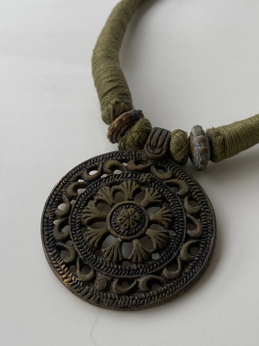 Vintage Brass Shield Pendant Ethnic Chocker Tribal Woven Chocker 1962 - Balagan Vintage Necklace 00s, Necklace