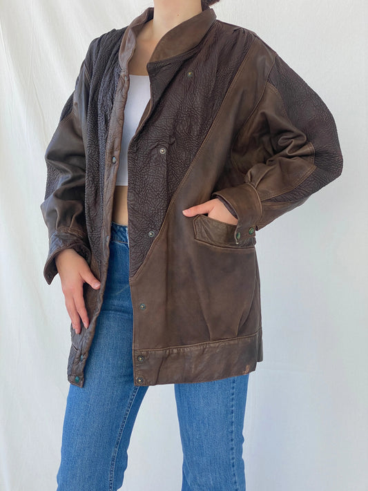 Vintage Brown Genuine Leather Cow Girl Coat with Ruched Details - M - Balagan Vintage Coat 00s, Ayah, brown leather, coat, Coats&Jackets, genuine leather, leather, leather coat, Women's Coats, Women's Leather Jackets
