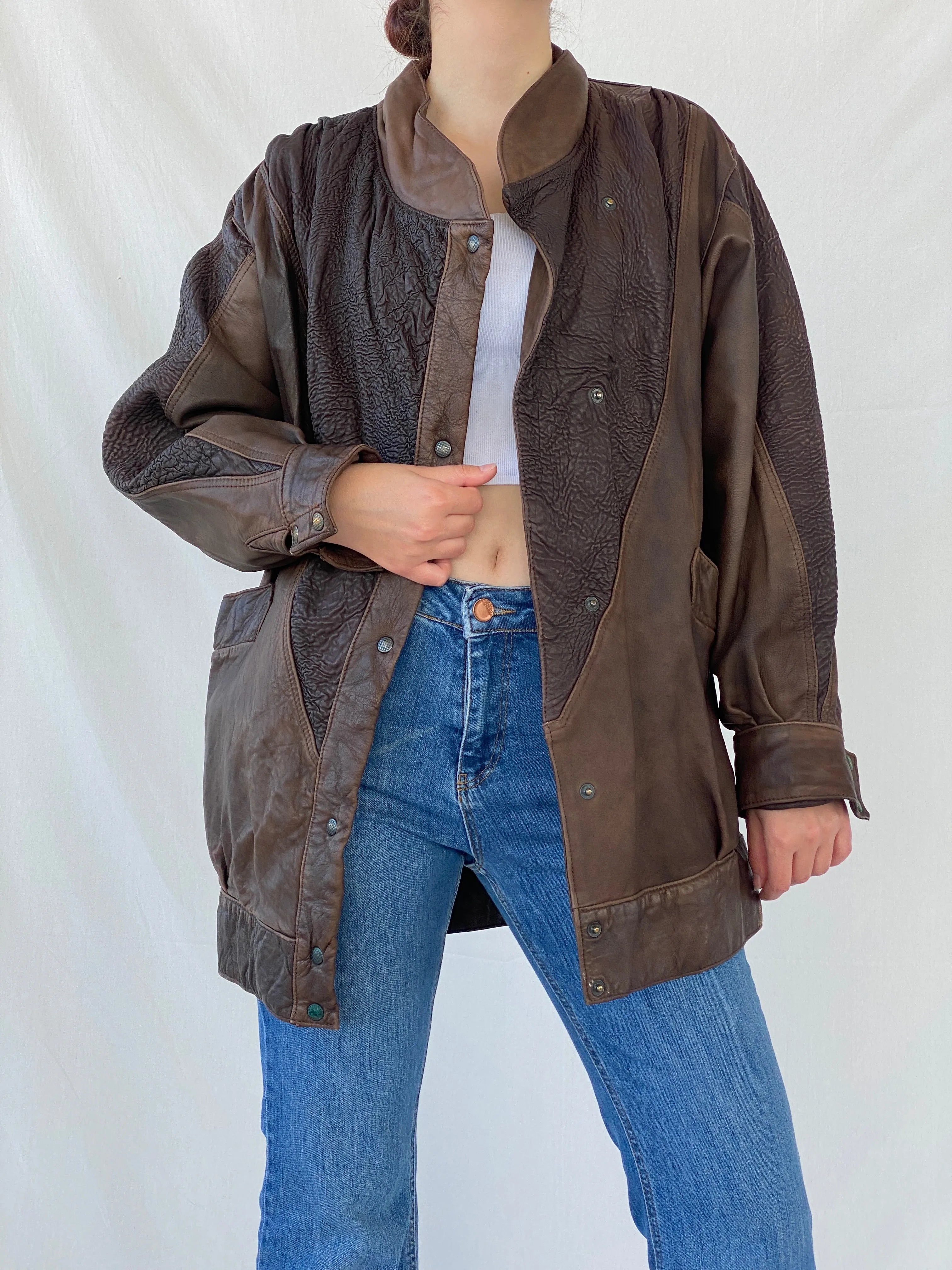 Vintage Brown Genuine Leather Cow Girl Coat with Ruched Details - M - Balagan Vintage Coat 00s, Ayah, brown leather, coat, Coats&Jackets, genuine leather, leather, leather coat, Women's Coats, Women's Leather Jackets