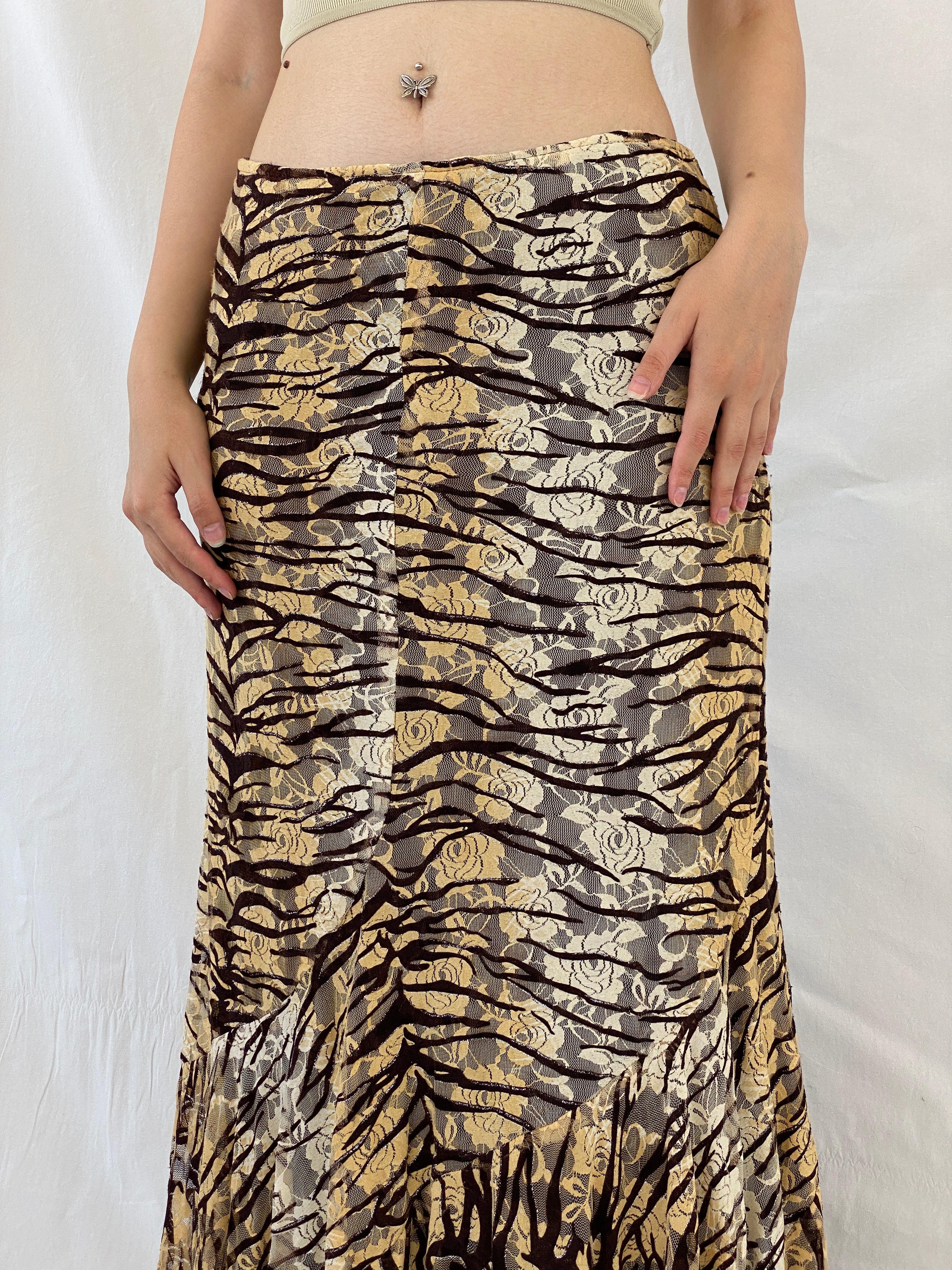 Vintage Brown Zebra Print Floral Lace Satin Trim Hem Maxi Skirt - L - Balagan Vintage Maxi Skirt animal print, Ayah, Boho, floral, floral skirt, maxi skirt, NEW IN, winter