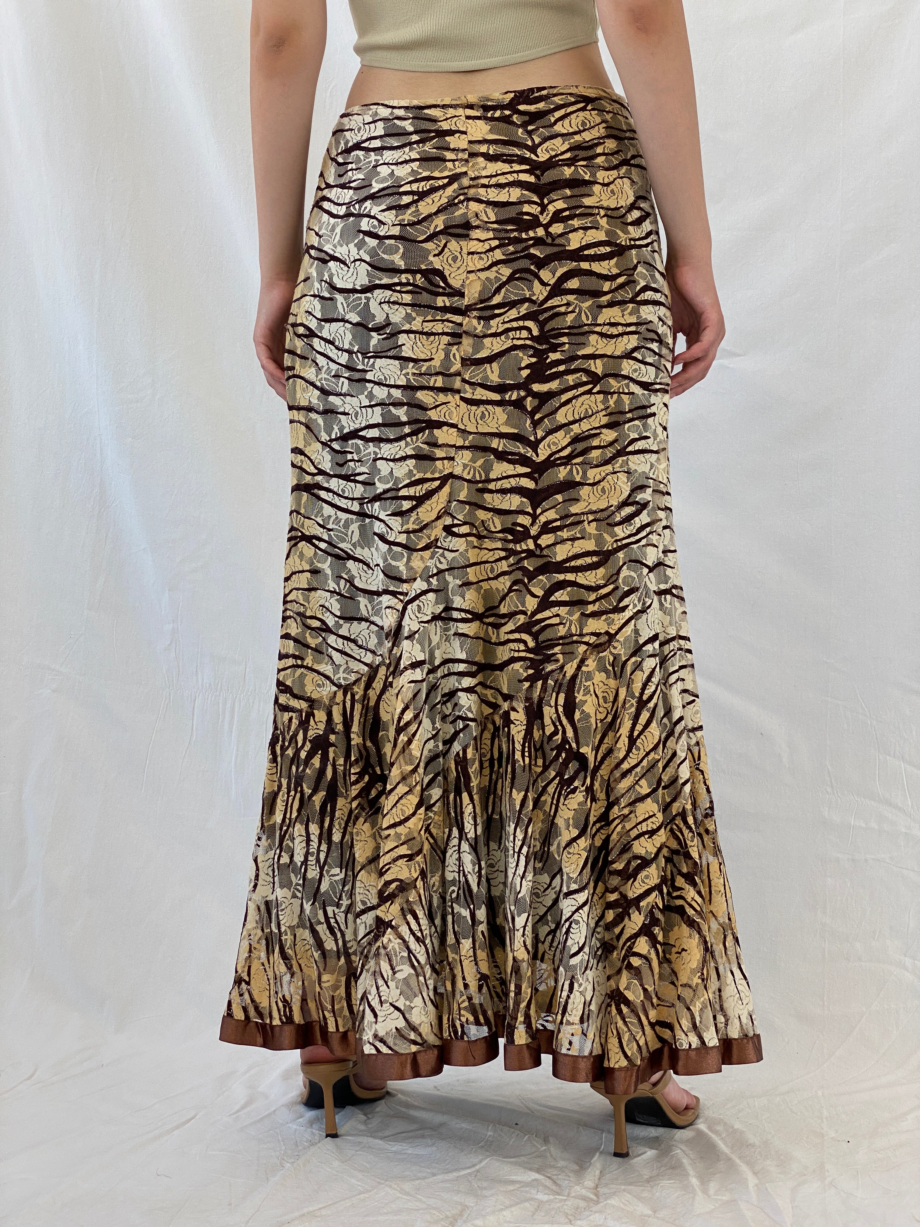 Vintage Brown Zebra Print Floral Lace Satin Trim Hem Maxi Skirt - L - Balagan Vintage Maxi Skirt animal print, Ayah, Boho, floral, floral skirt, maxi skirt, NEW IN, winter
