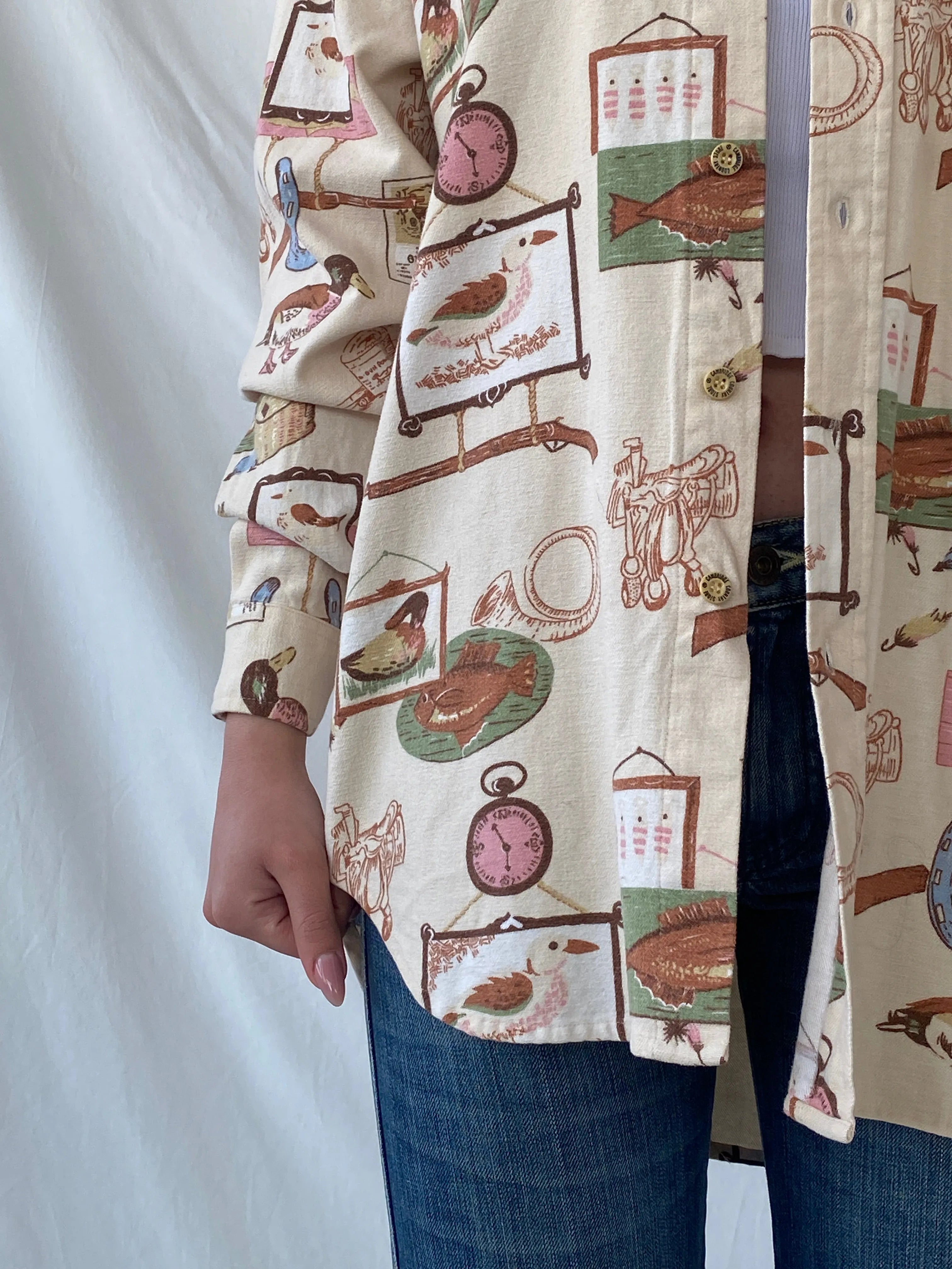 Vintage Cambridge Country Side Graphic Prints Beige Long Sleeve Button Up Cotton Shirt - M - Balagan Vintage Full Sleeve Shirt 90s, Christine, full sleeve shirt, winter, women shirt