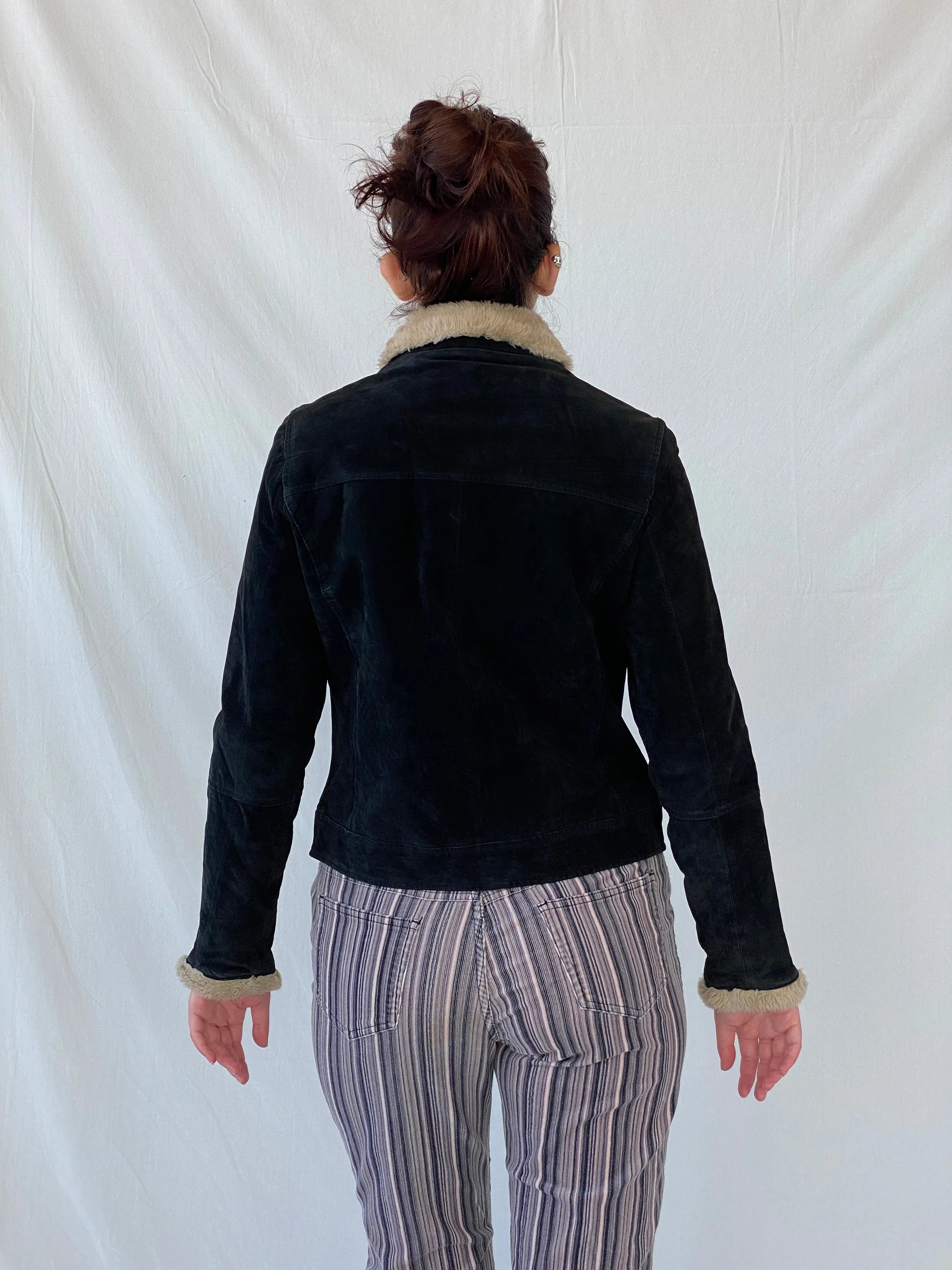 Vintage Cavalini Black Suede Faux Shearling Collar Zip-up Jacket - M - Balagan Vintage Jacket 00s, Ayah, Coats&Jackets, leather, suede, suede jacket, Women's Leather Jackets