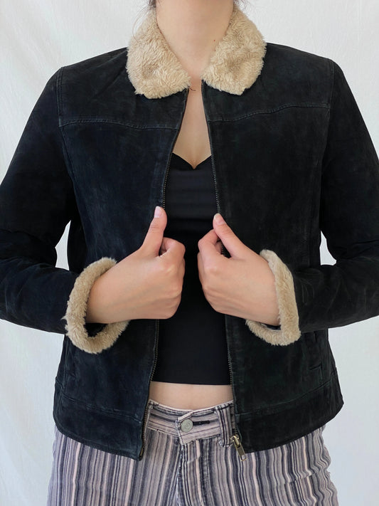 Vintage Cavalini Black Suede Faux Shearling Collar Zip-up Jacket - M - Balagan Vintage Jacket 00s, Ayah, Coats&Jackets, leather, suede, suede jacket, Women's Leather Jackets