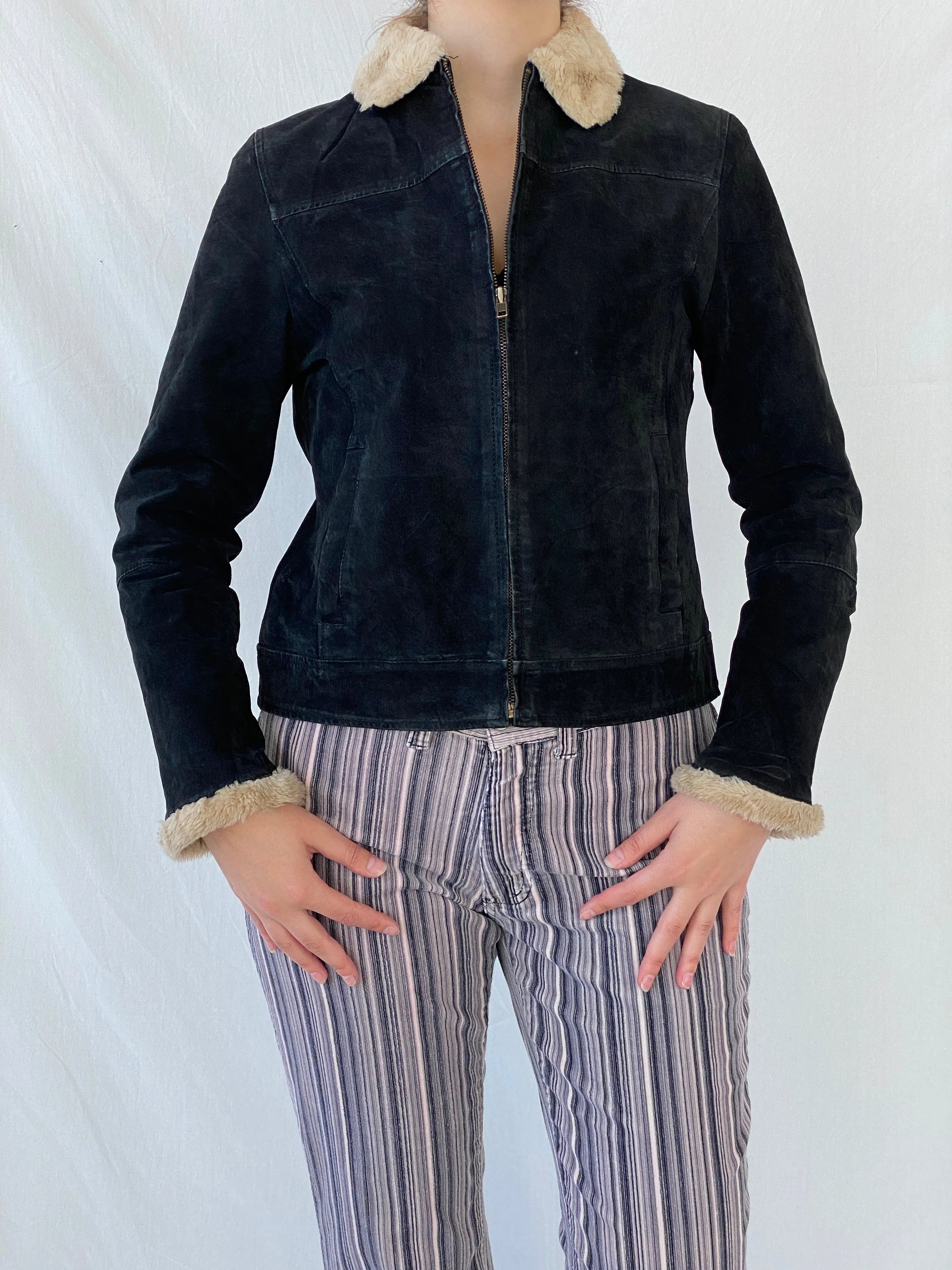 Vintage Cavalini Black Suede Faux Shearling Collar Zip-up Jacket - M - Balagan Vintage Jacket 00s, Ayah, Coats&Jackets, leather, suede, suede jacket, Women's Leather Jackets