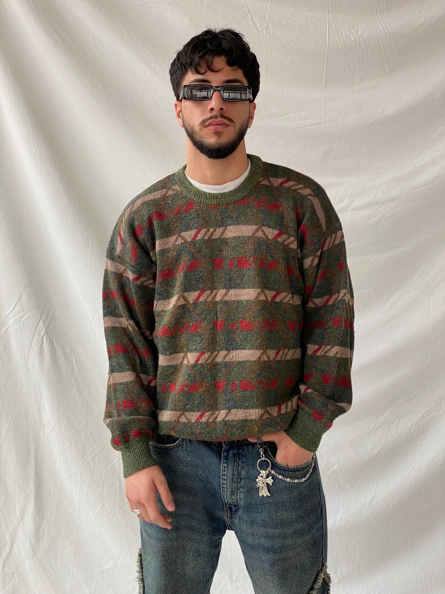 Vintage Charly Mach Men’s Green Jumper Striped Knitted Crew Neck Sweater - L - Balagan Vintage Sweater 90s, Hamza, knit, knitted, knitted sweater, men, streetwear, vintage, vintage sweater, winter