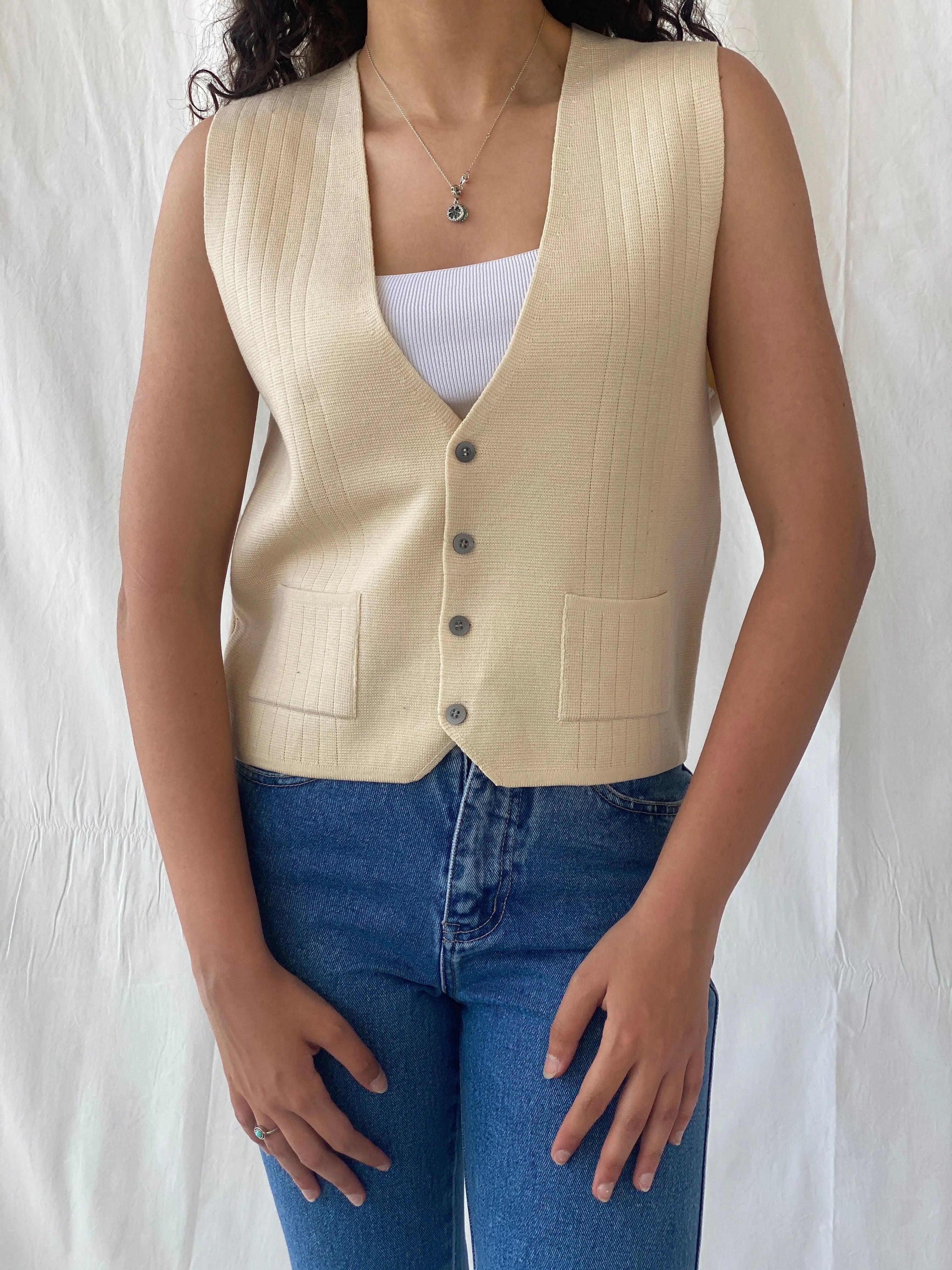 Vintage Charm Square Beige Vest Cotton Blend Waistcoat - L - Balagan Vintage Vest 00s, Celine, vest, women top