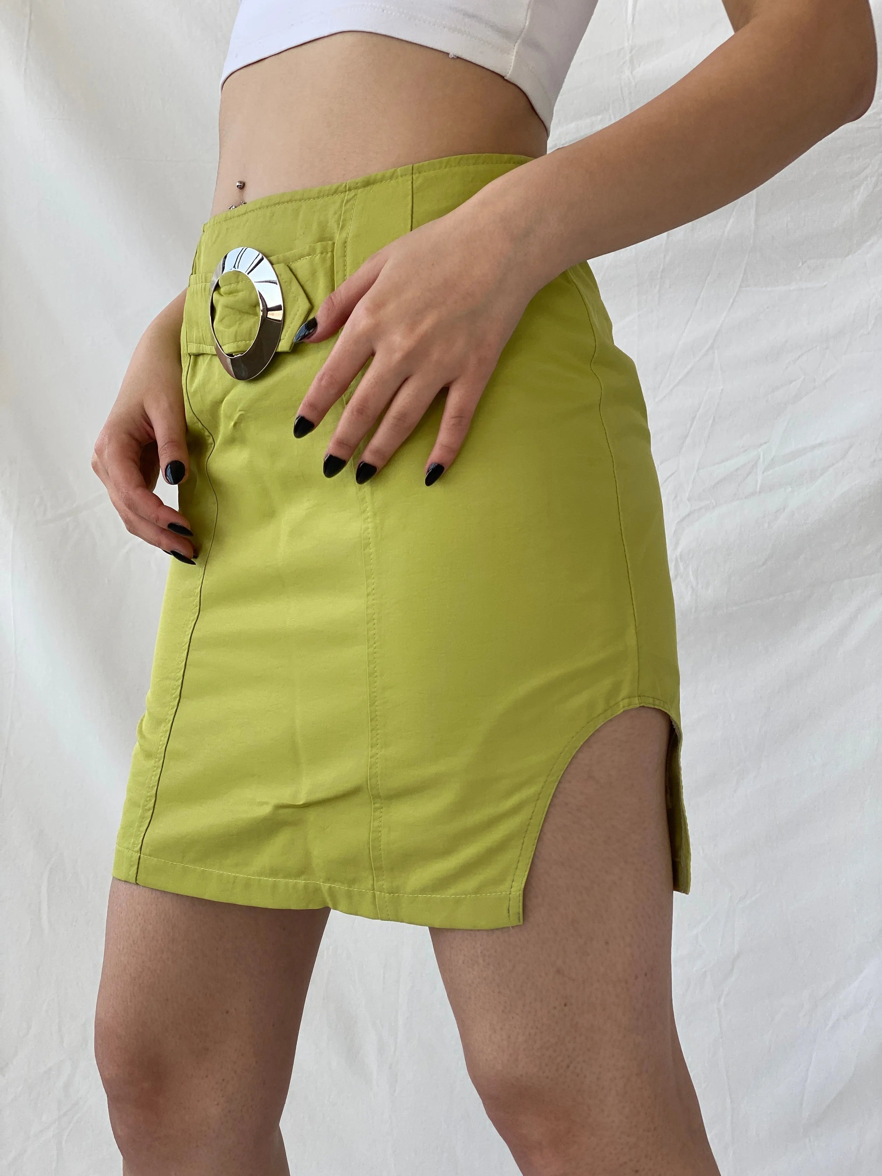 Vintage Claude Zana Paris Futuristic Belted Mini Green Skirt - L - Balagan Vintage Mini Skirt Ayah, mini skirt, NEW IN, skirt