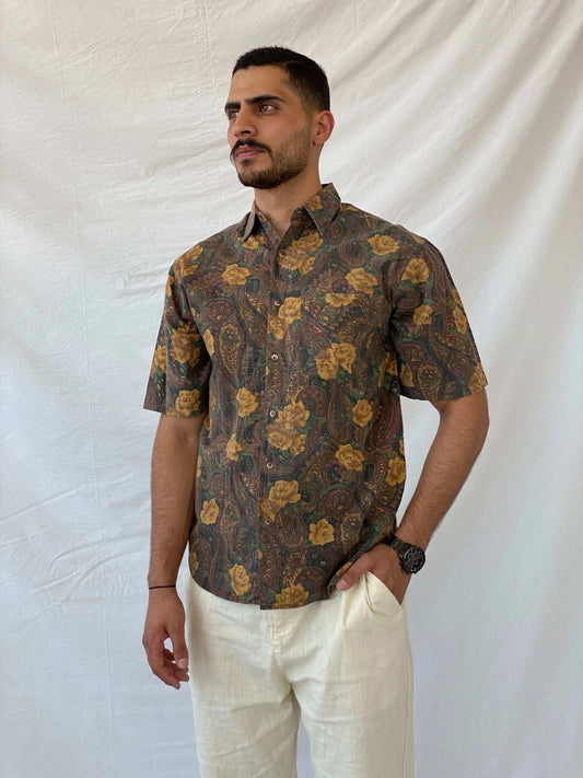 Vintage Code Zero Brown Floral Men’s Button Up Shirt - L - Balagan Vintage Half Sleeve Shirt 90s, floral, floral print, half sleeve shirt, mens shirt, printed shirt, Ramez