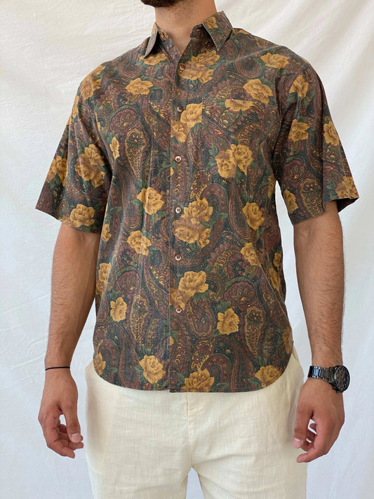 Vintage Code Zero Brown Floral Men’s Button Up Shirt - L - Balagan Vintage Half Sleeve Shirt 90s, floral, floral print, half sleeve shirt, mens shirt, printed shirt, Ramez