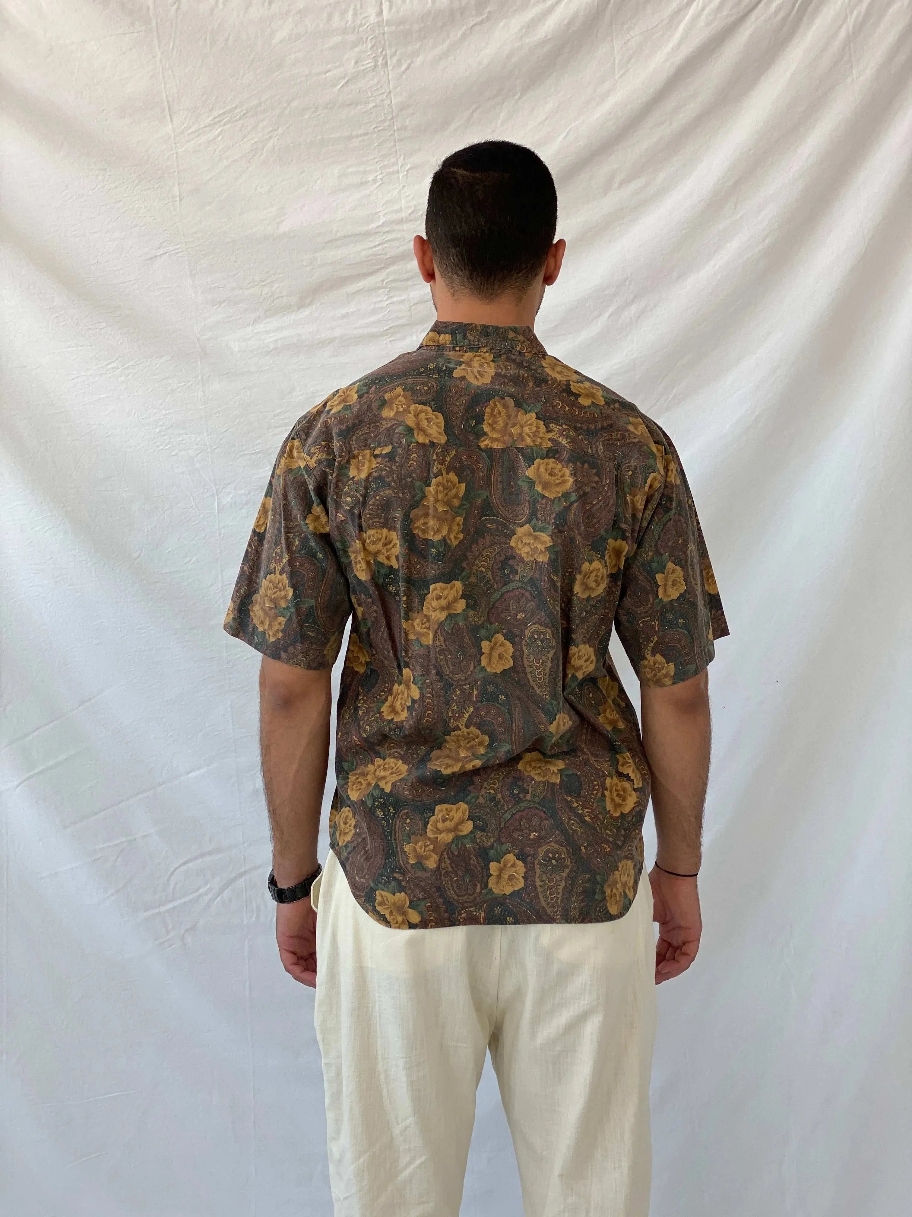 Vintage Code Zero Brown Floral Men’s Button Up Shirt - L - Balagan Vintage Half Sleeve Shirt 90s, floral, floral print, half sleeve shirt, mens shirt, printed shirt, Ramez