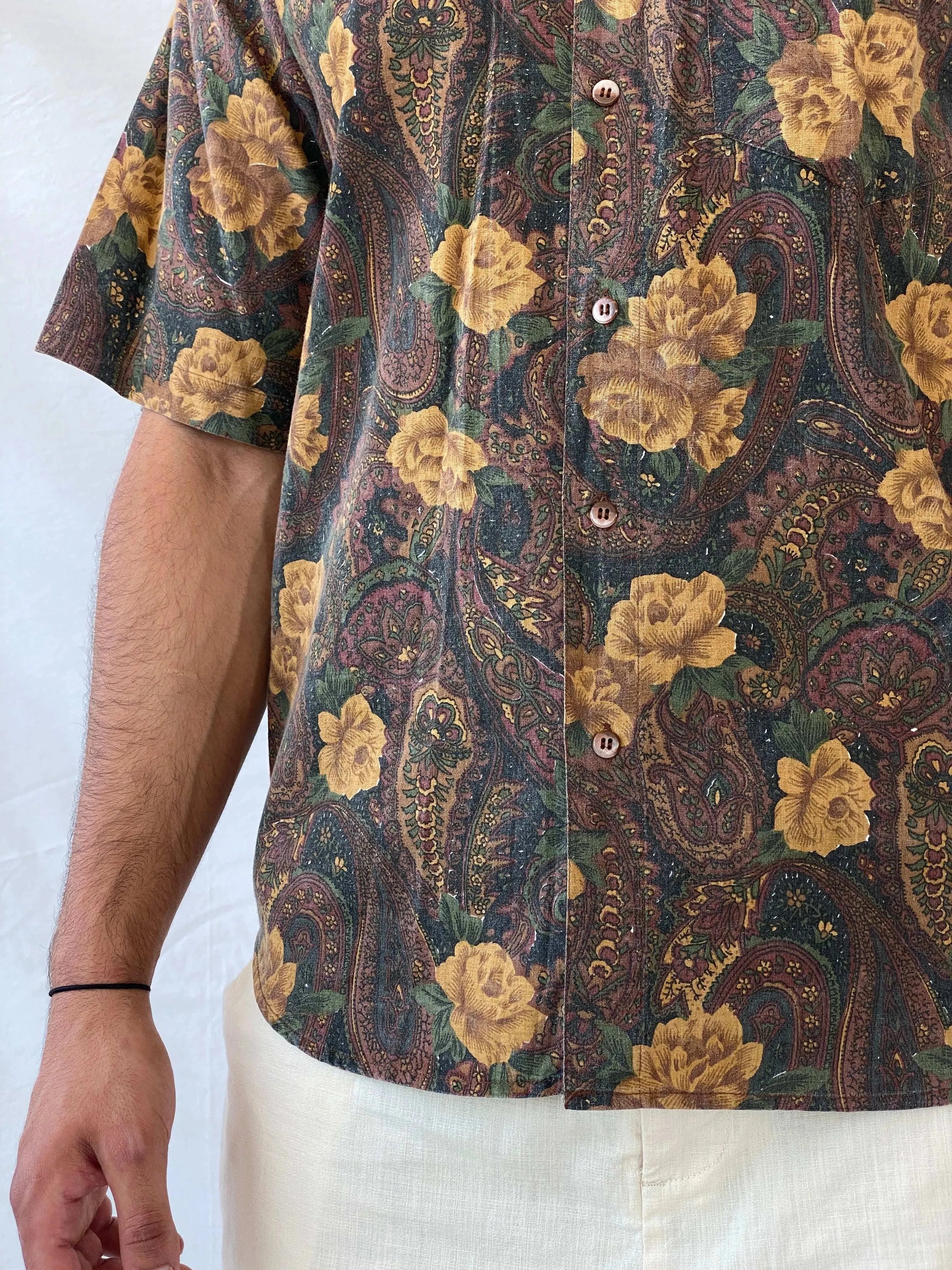 Vintage Code Zero Brown Floral Men’s Button Up Shirt - L - Balagan Vintage Half Sleeve Shirt 90s, floral, floral print, half sleeve shirt, mens shirt, printed shirt, Ramez