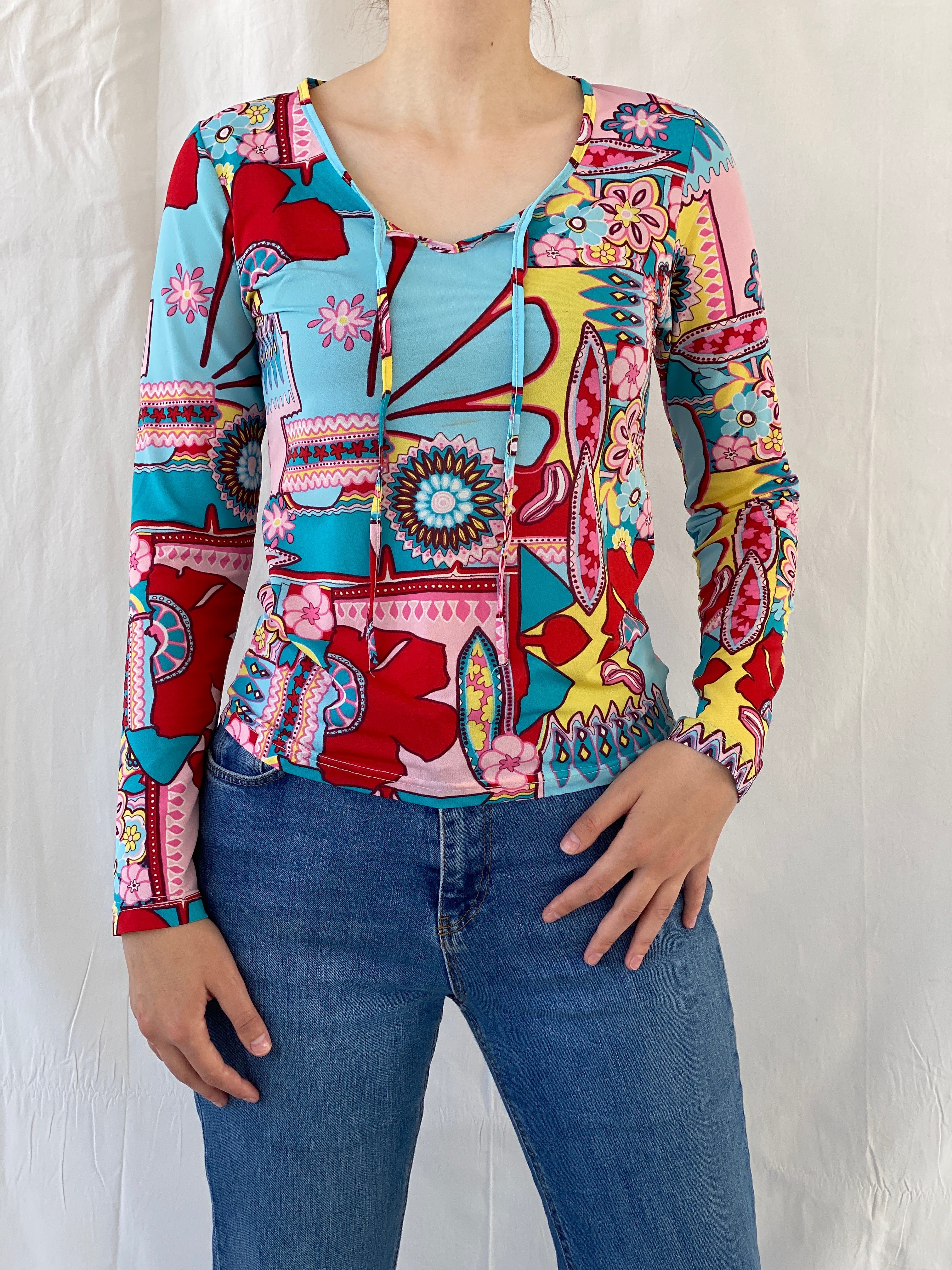 Vintage Colorful Mandala Floral Print Blouse Long Sleeve Groovy Top - M - Balagan Vintage Full Sleeve Top 00s, Ayah, floral, floral top, groovy, groovy print, summer, women top